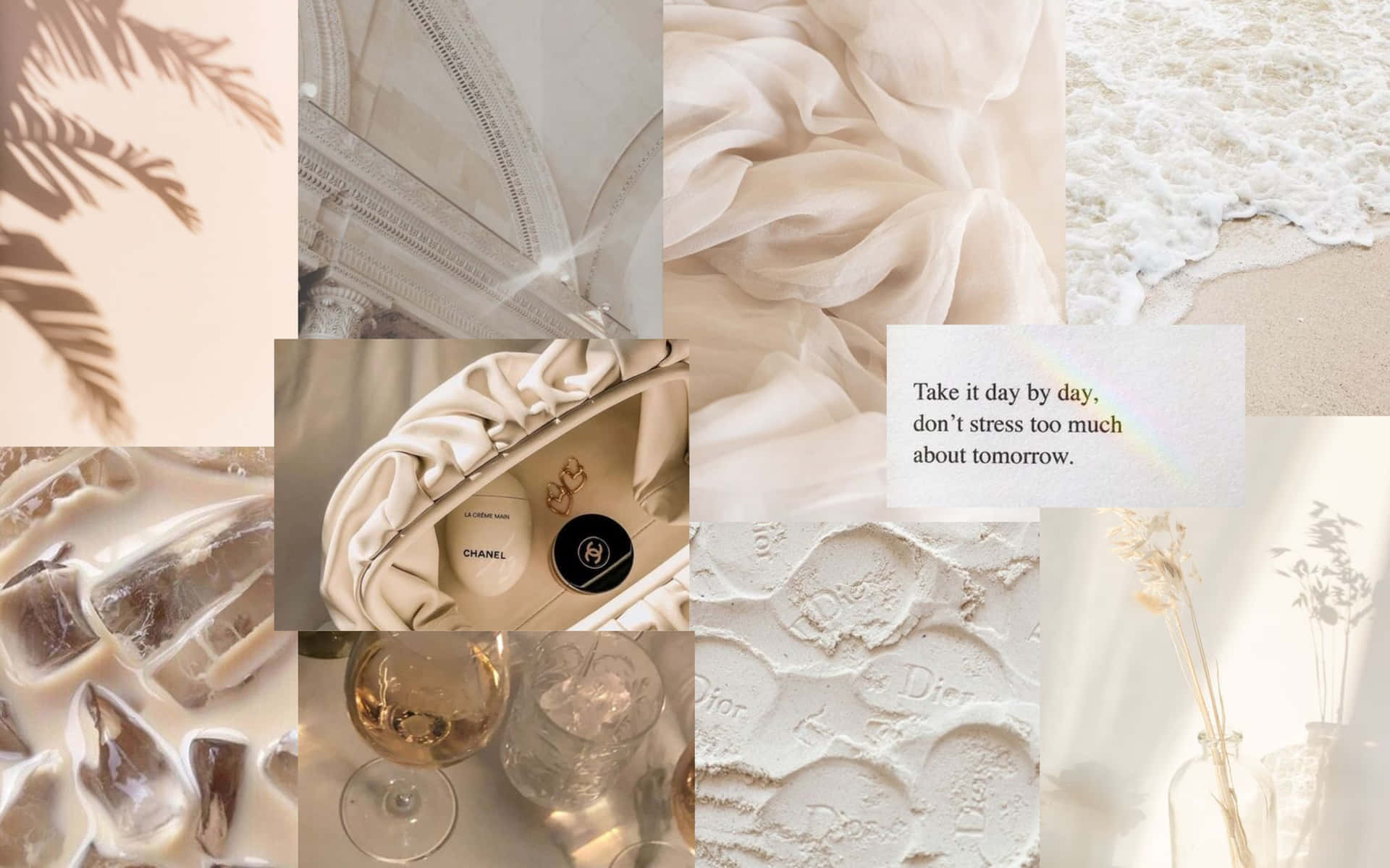 A Collage Of Photos With White And Beige Items Wallpaper
