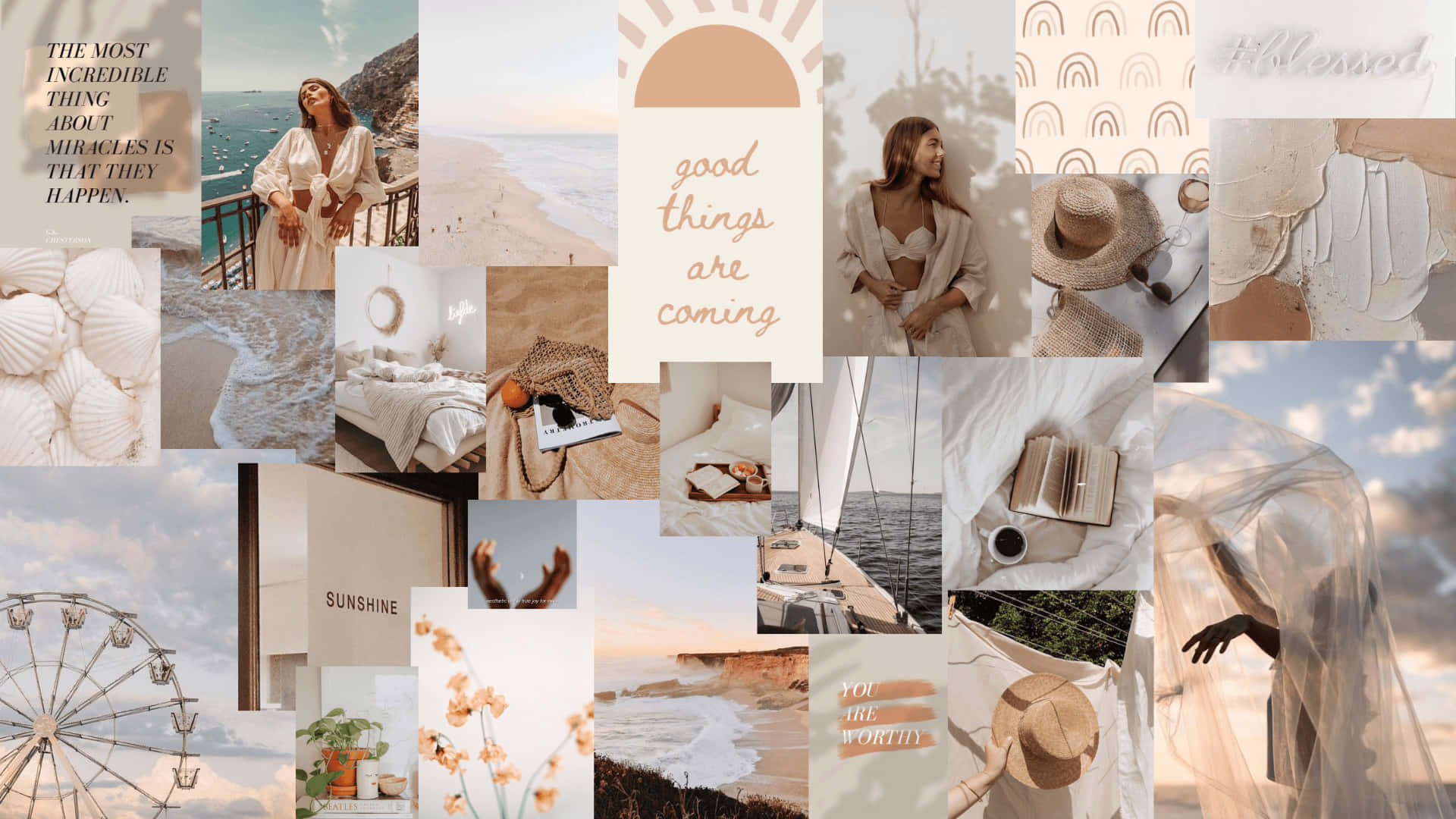 A Collage Of Photos Of Beach And Beach Items Wallpaper