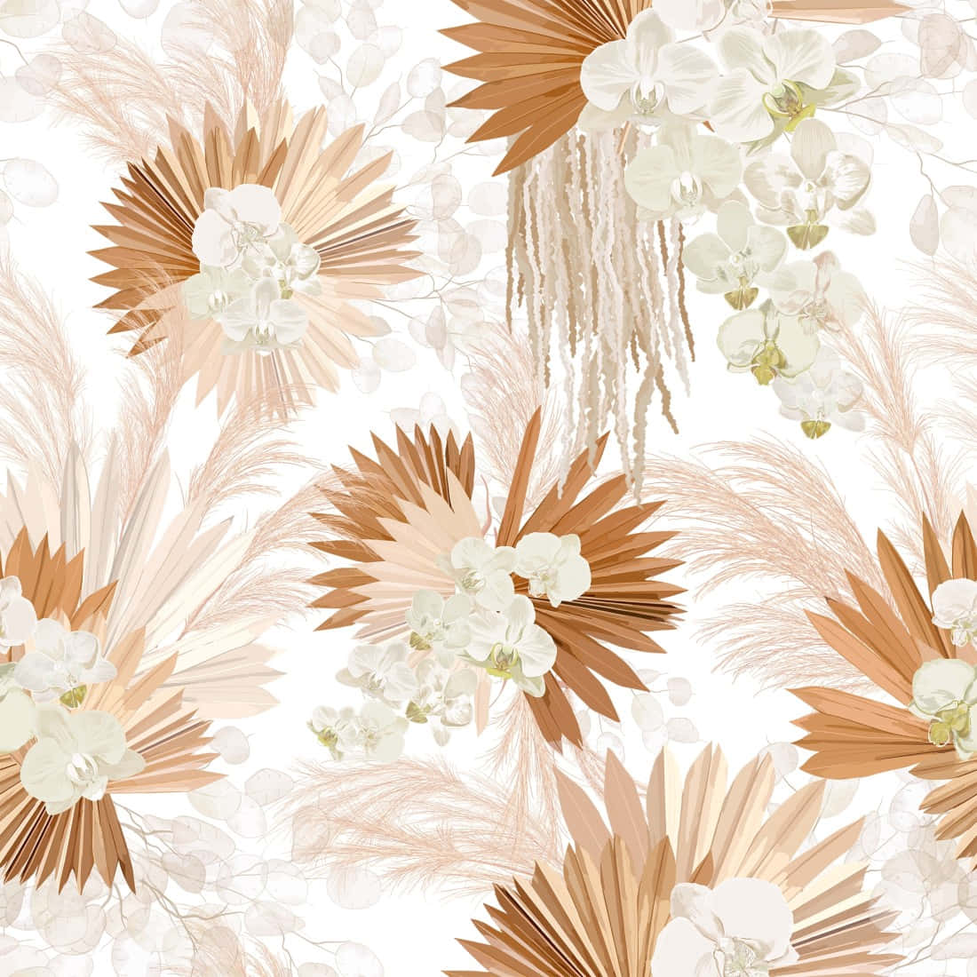 A White And Brown Floral Pattern With Flowers And Leaves Wallpaper
