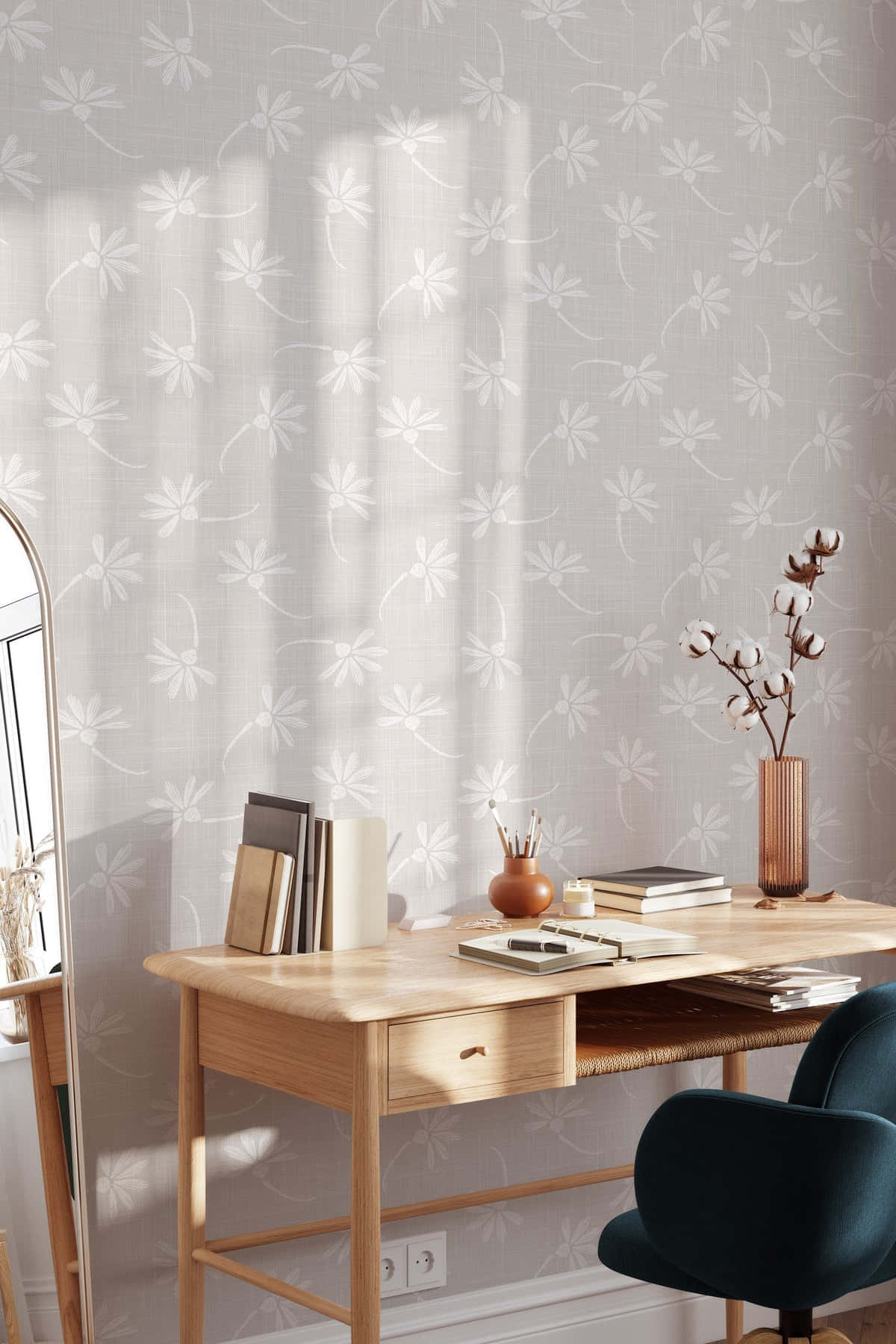 Neutral Floral Home Office Setup Wallpaper