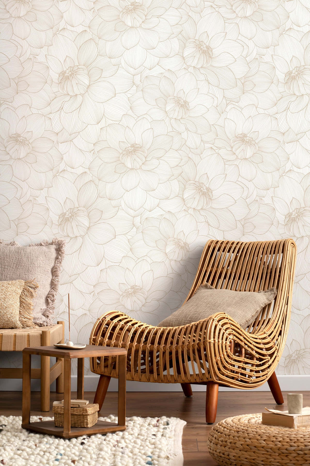 Neutral Floral Wallpaperwith Rattan Chair Wallpaper