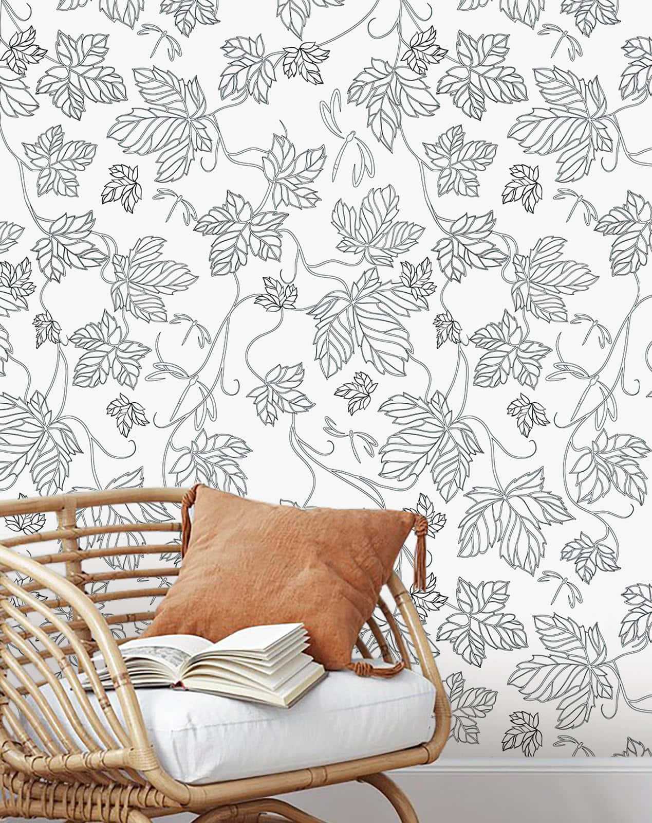 Neutral Floral Wallpaperwith Rattan Chair Wallpaper