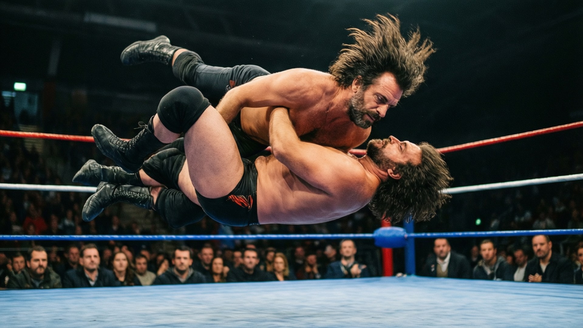 Claudio Castagnoli utför en neutralizer suplex, motståndare svävar i luften.