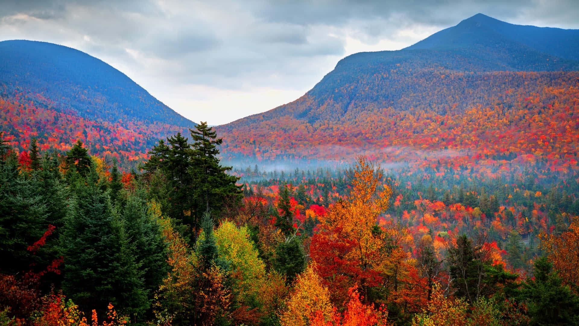 A Mountain Range With Colorful Trees And Mountains Wallpaper
