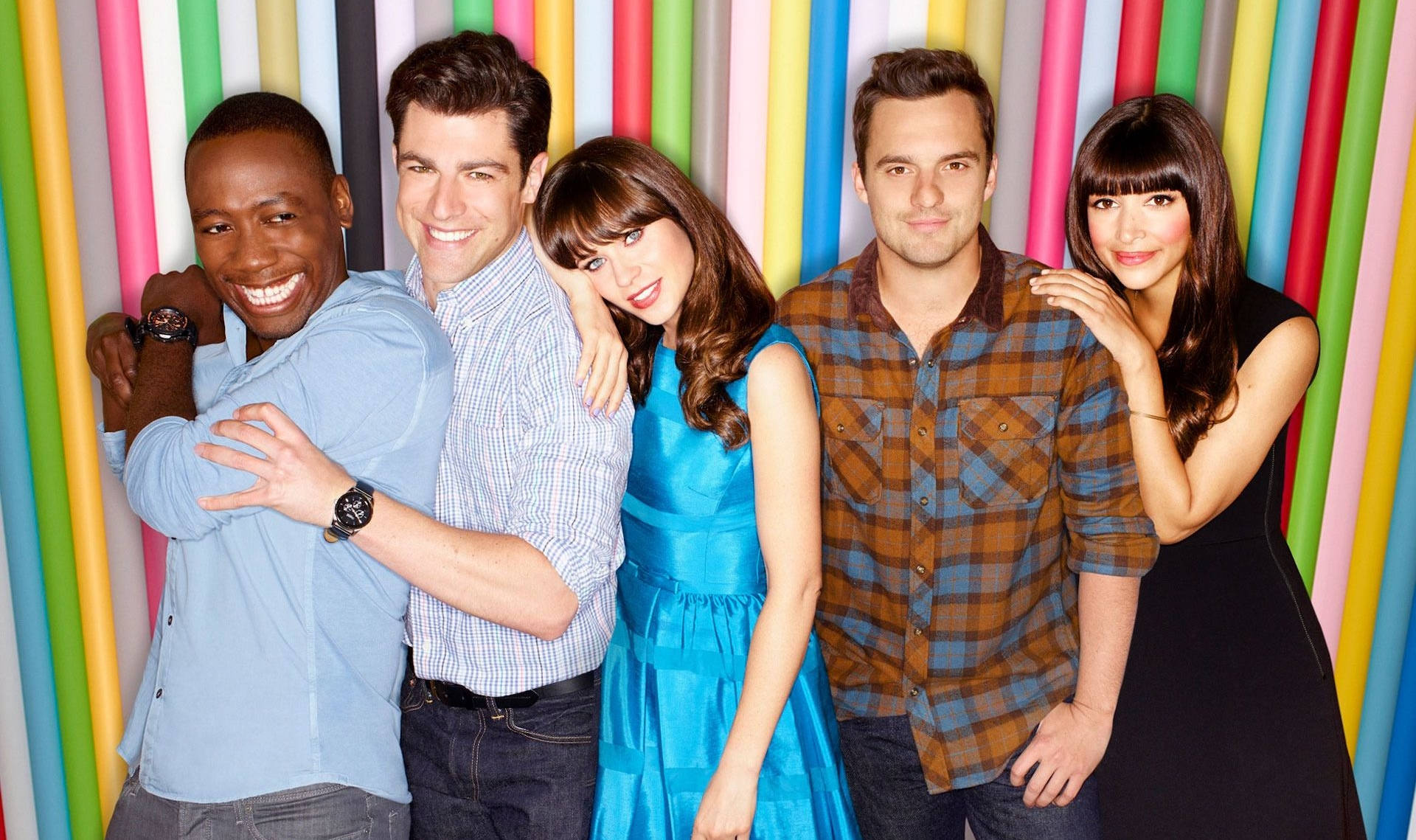 New Girl Sitcom Cast Behind Colorful Pipes Wallpaper