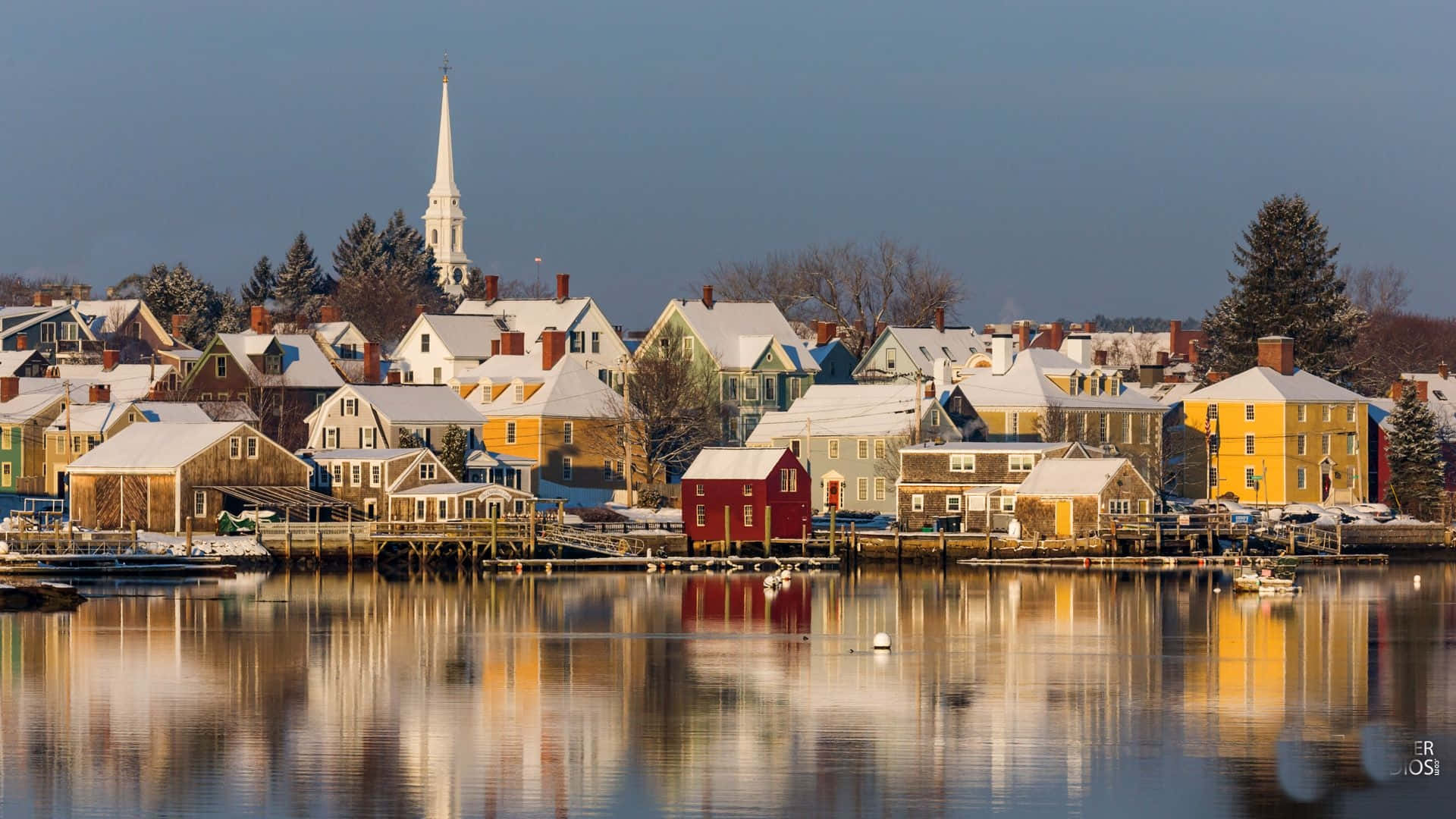 Portodi Portsmouth, New Hampshire, Inverno, Ampia Vista Panoramica. Sfondo