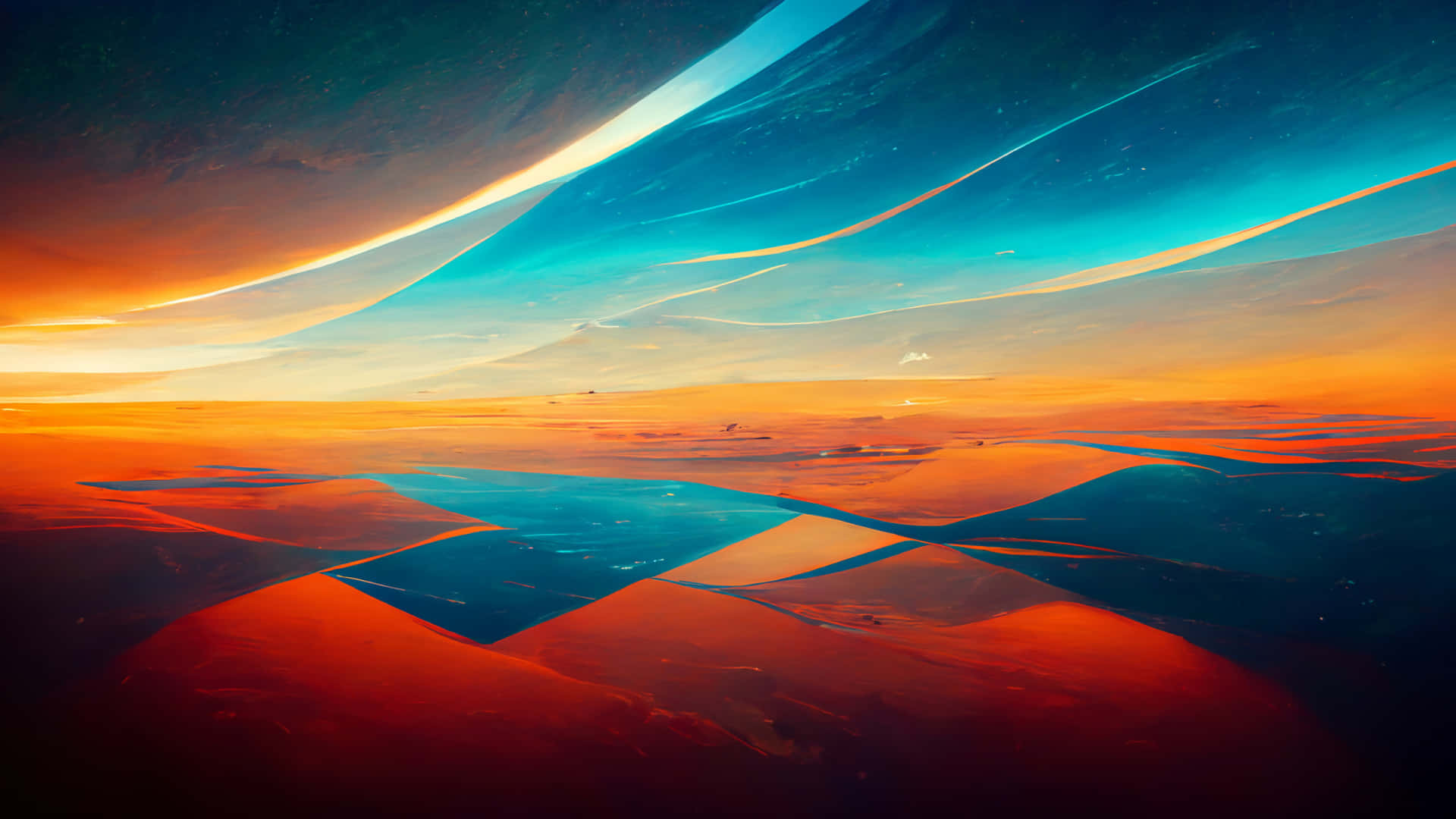 A Painting Of A Desert With A Blue Sky And Orange Clouds Wallpaper