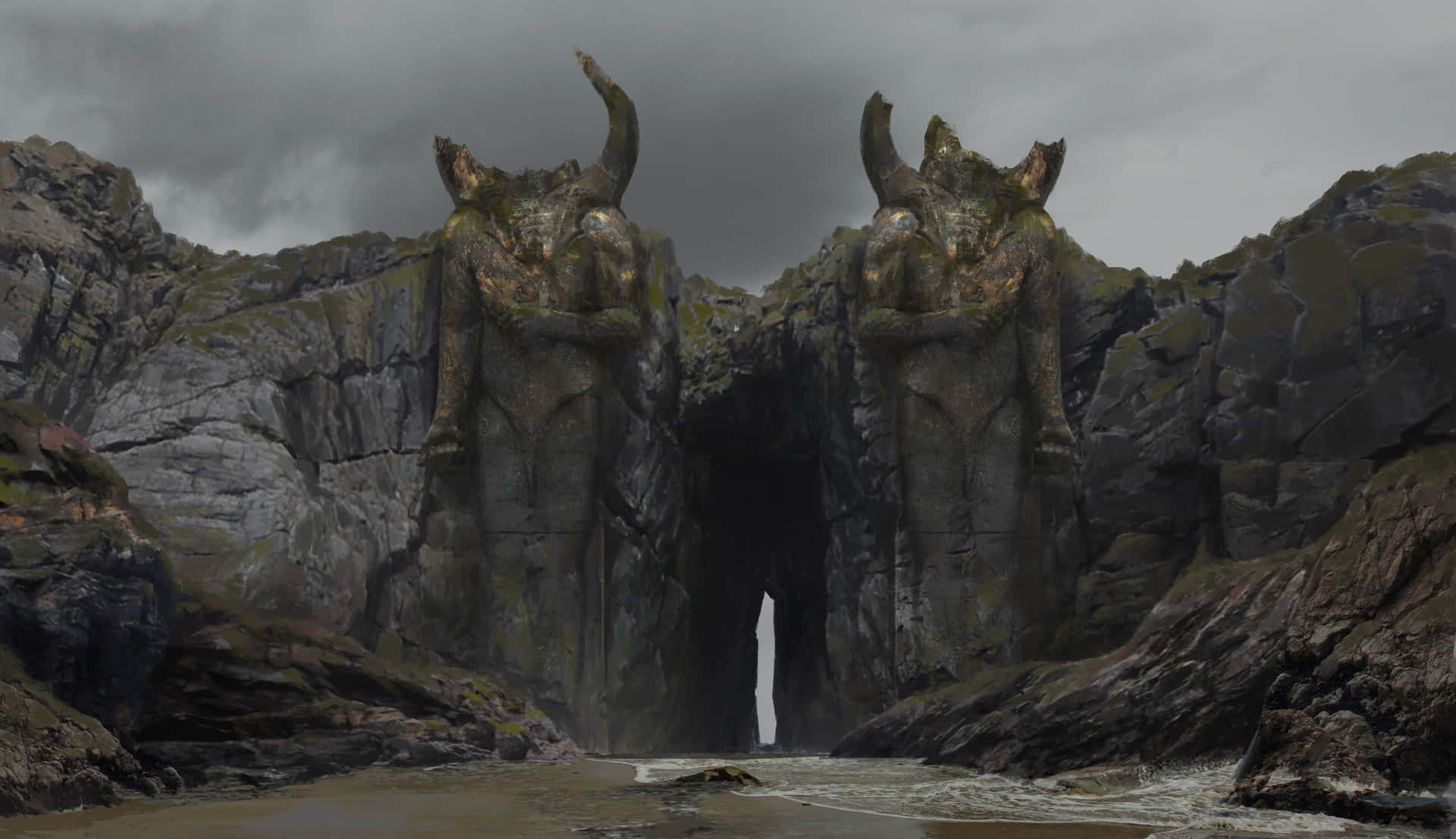 A Rocky Cliff With Two Horned Statues Wallpaper