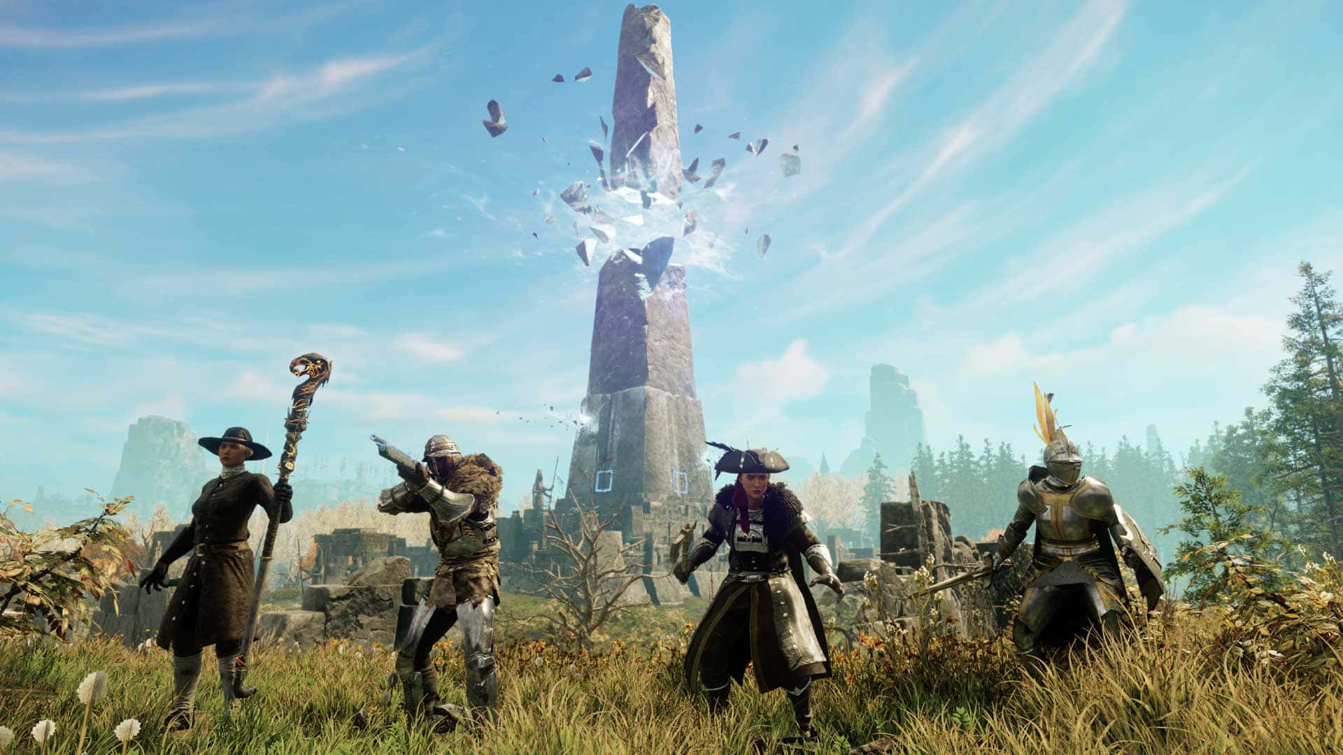 The Characters Are Standing In A Field With A Tower Wallpaper