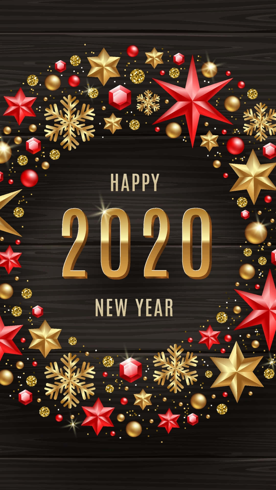 Glædelig nytår 2020 med guldstjerner og snefnug på en sort baggrund Wallpaper
