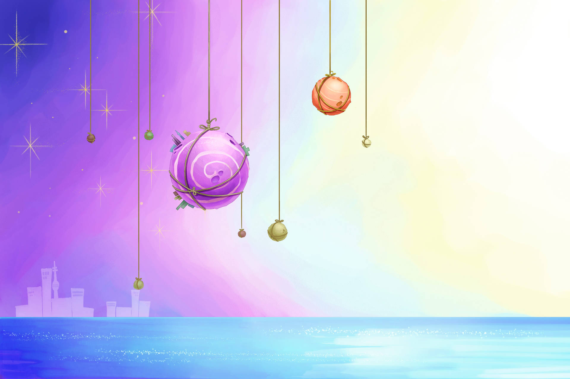 New Year's Balls Decor Hanging Above The Sea Wallpaper