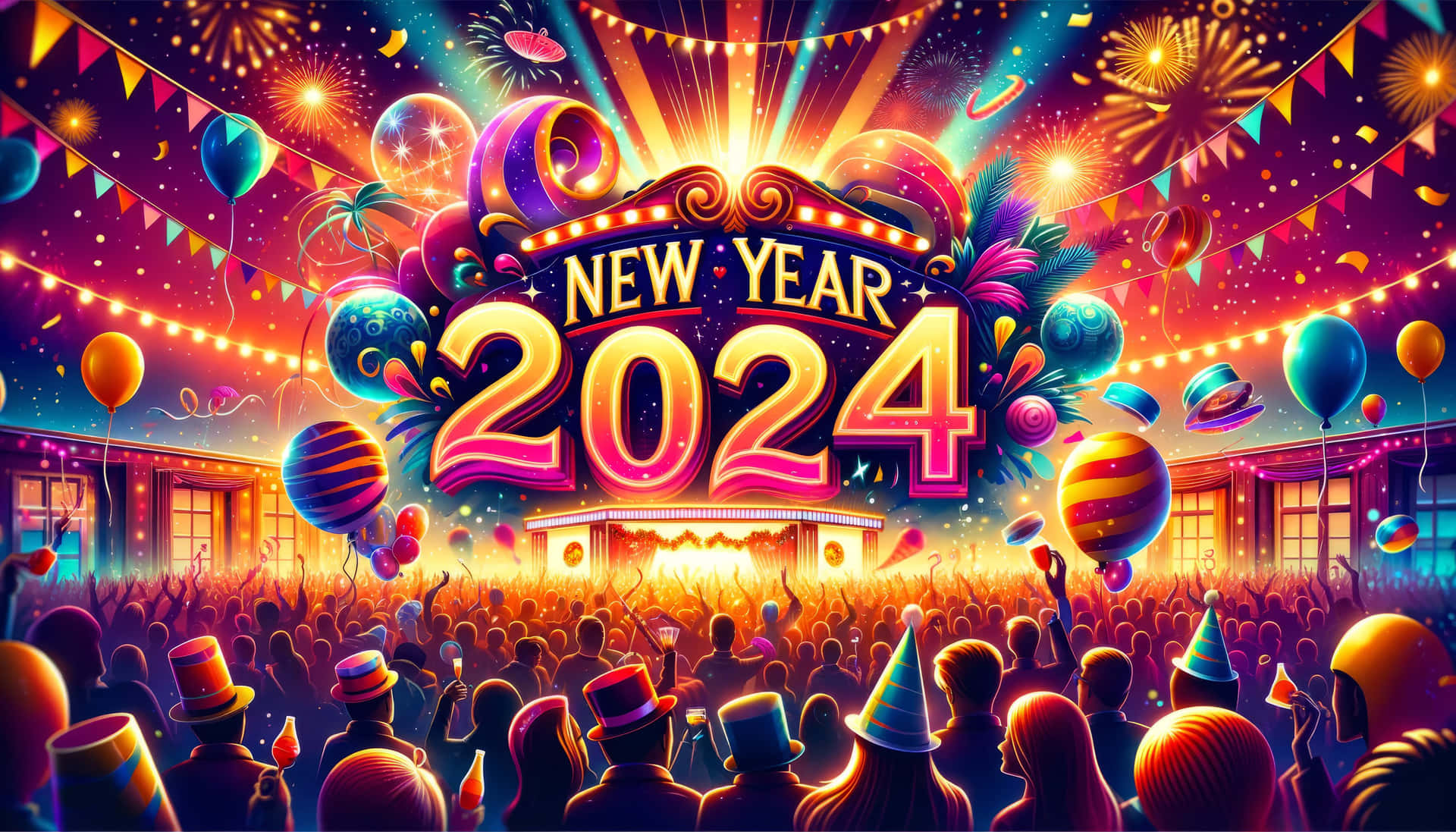 New Year2024 Celebration Crowd Illustration Wallpaper