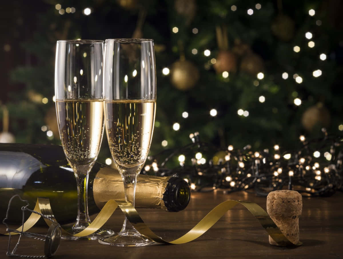 Two Glasses Of Champagne On A Table With A Christmas Tree