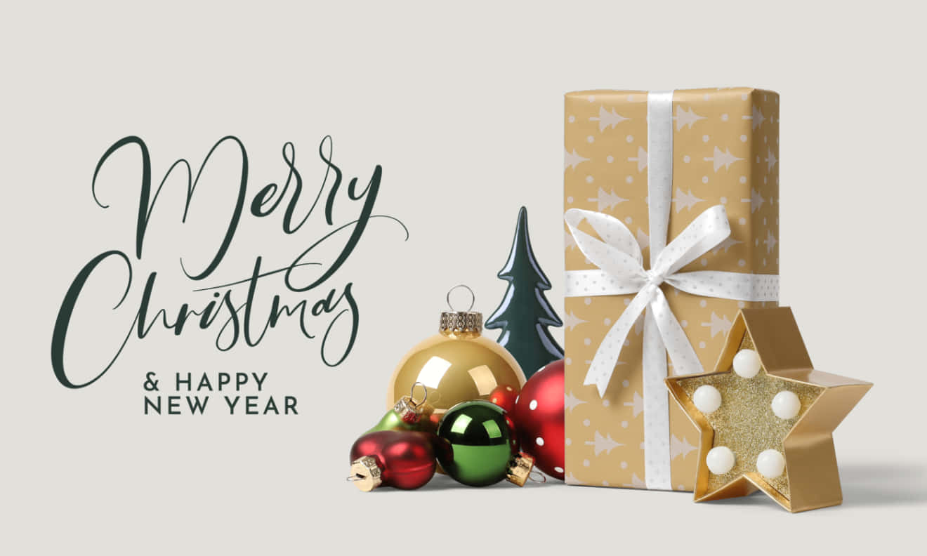 Merry Christmas And Happy New Year With Gifts And Ornaments