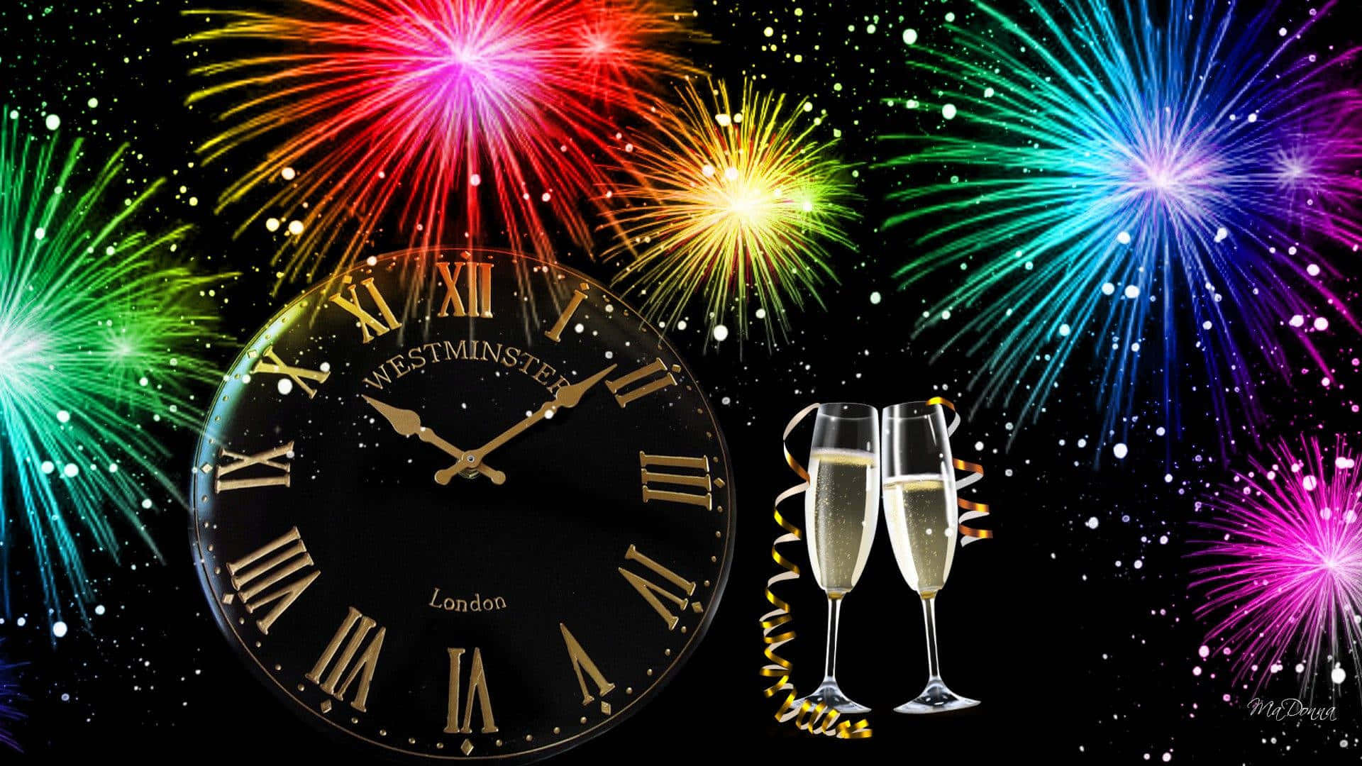 A Clock With Fireworks And Glasses Of Champagne