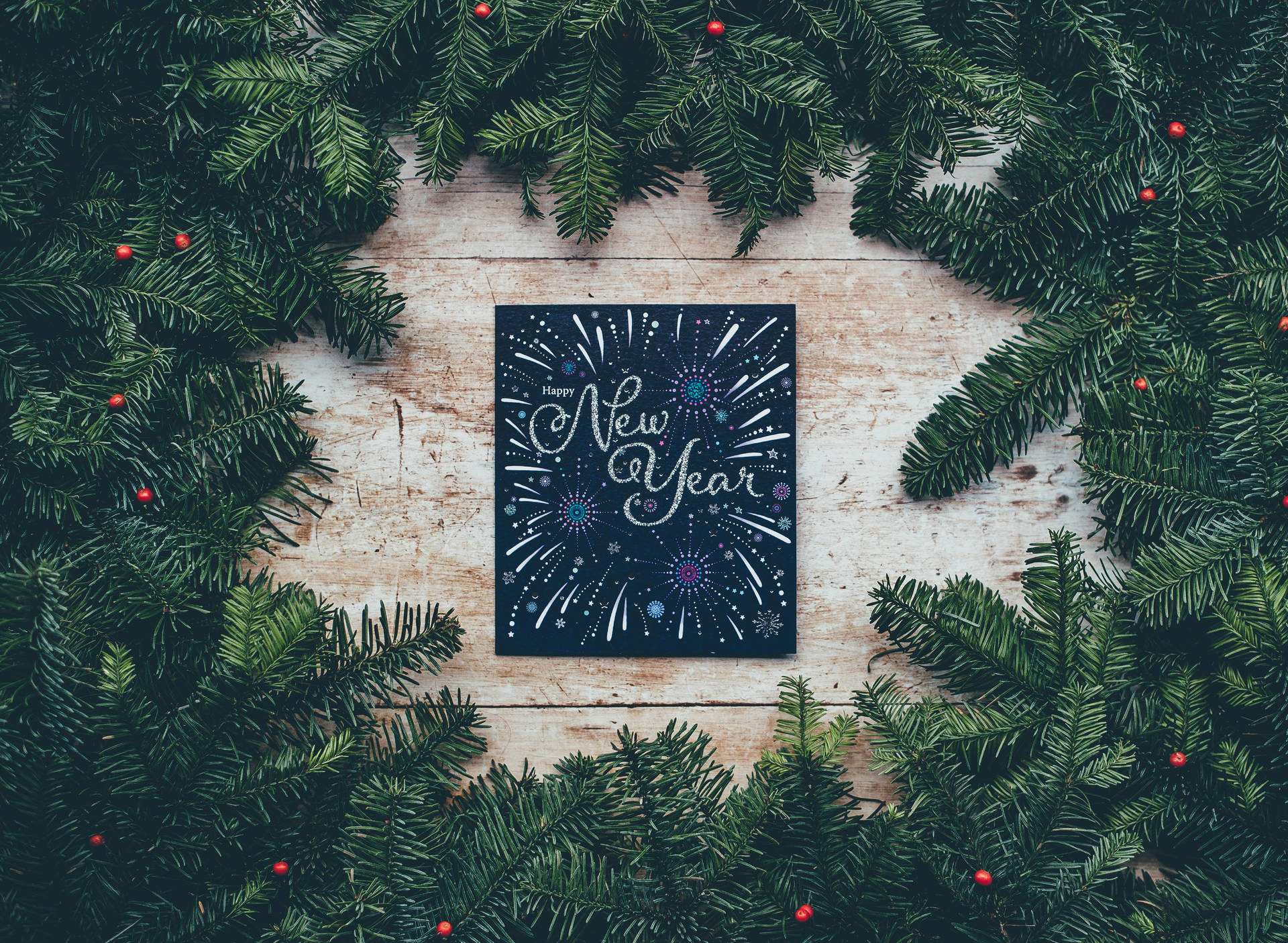 New Years Postcard In Spruce Wreaths
