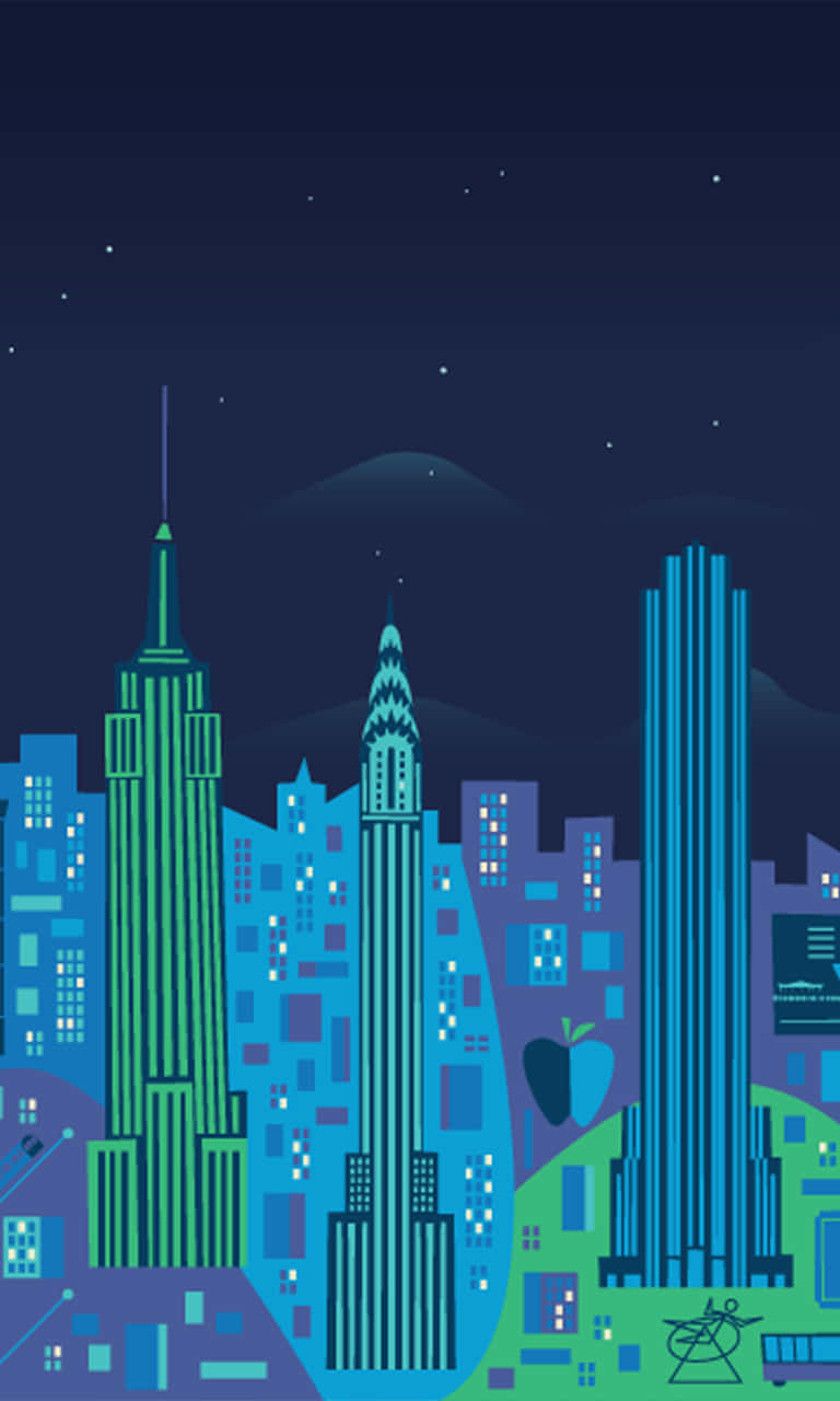En natteillustration af en by med bygninger, stjerner og månen Wallpaper