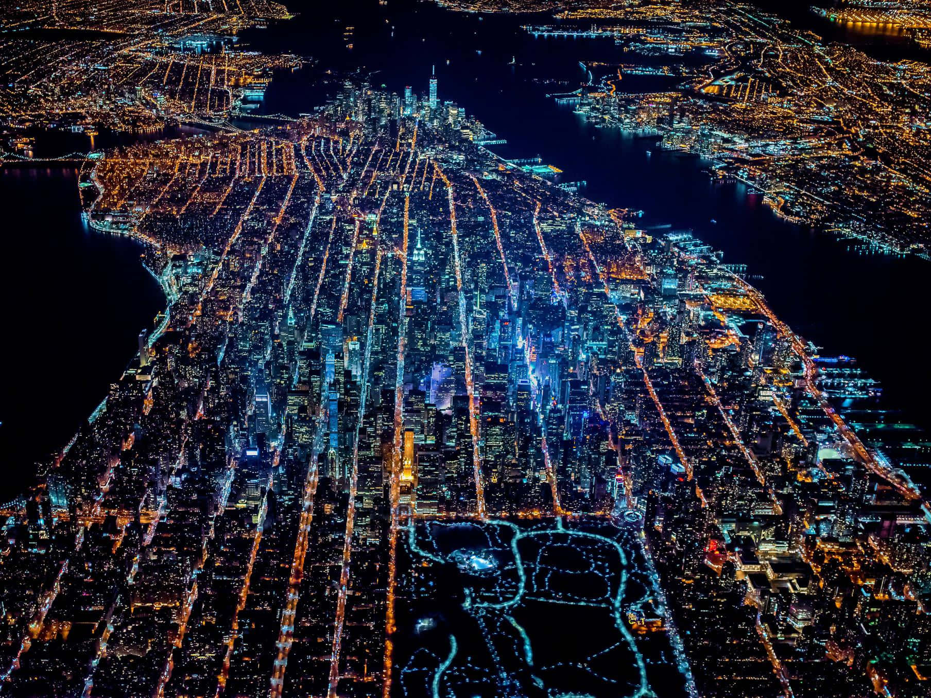 Newyork City På Natten Från Ovan Bild.