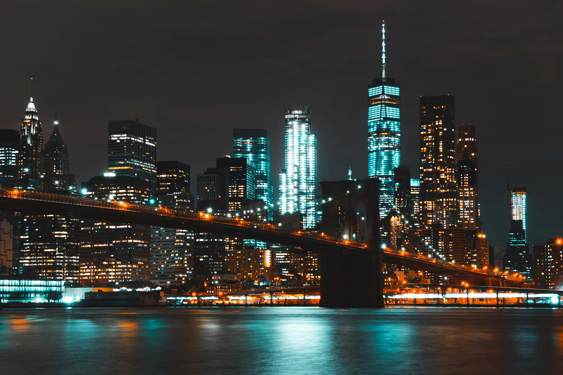 Blå Orange New York City Om Natten Brooklyn Bridge Billede