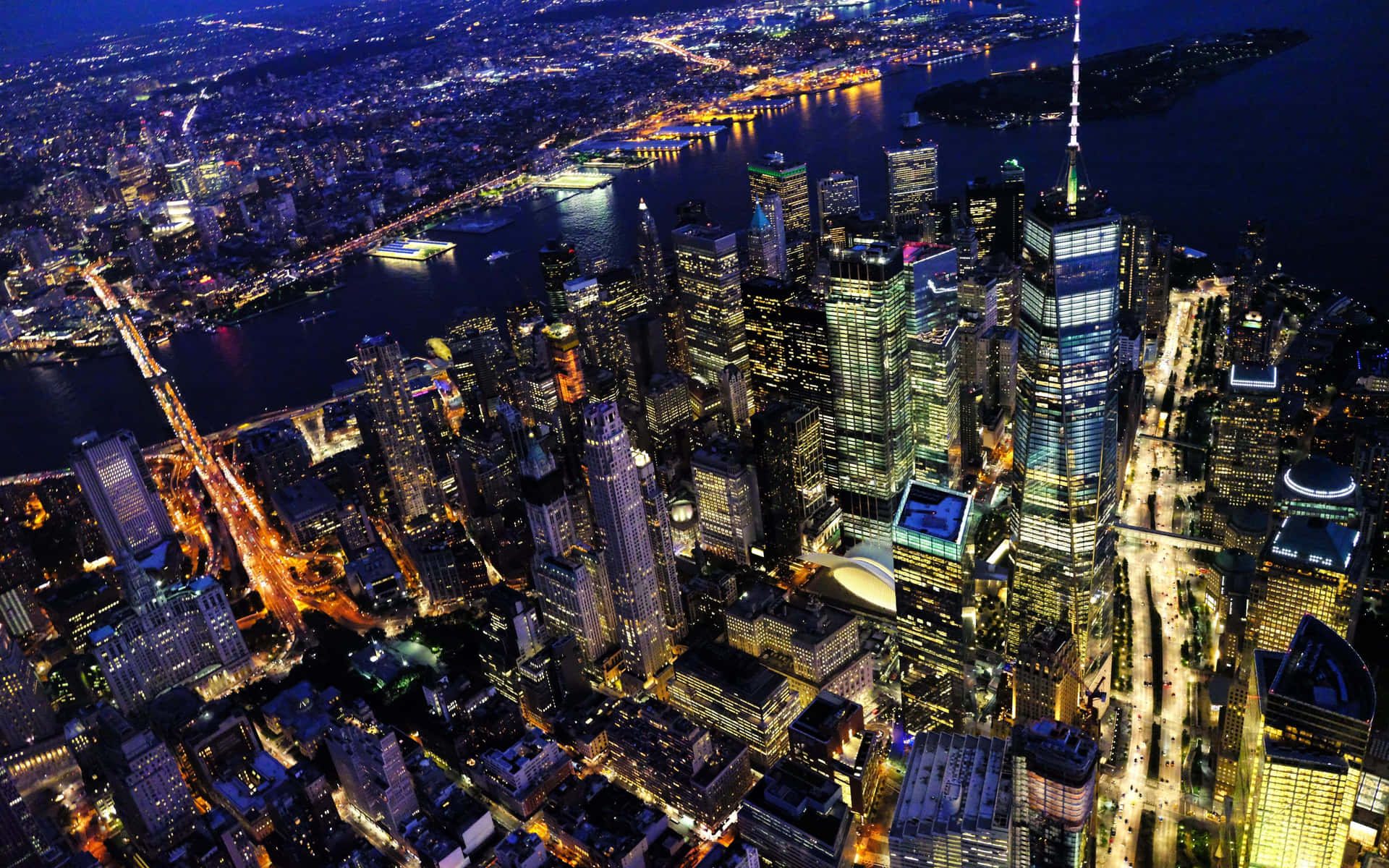 Newyork City På Natten Flygfoto Bild