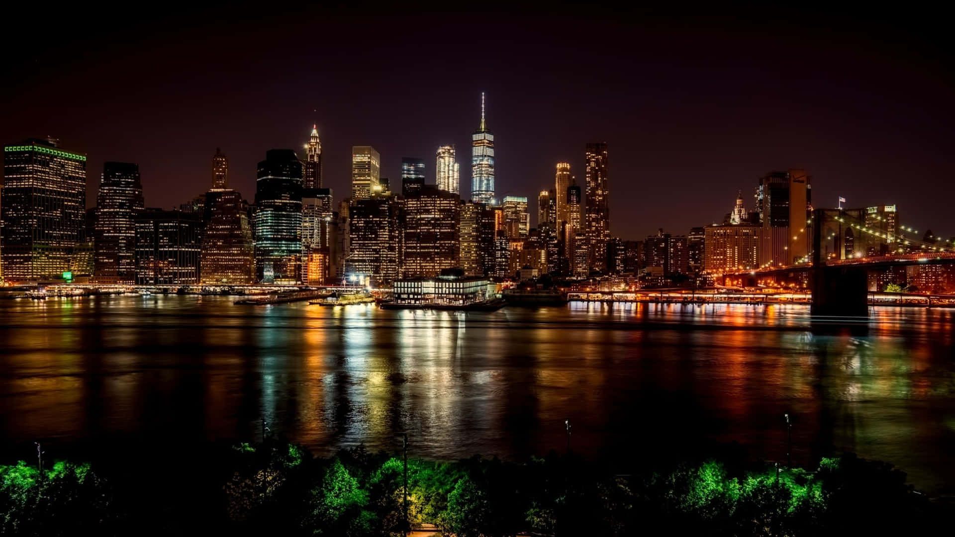 Newyork City På Natten Panorama Bild.