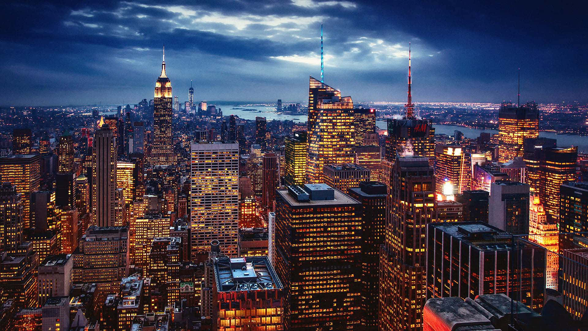 Newyork City Vid Natt Skyline Skrivbordsbild