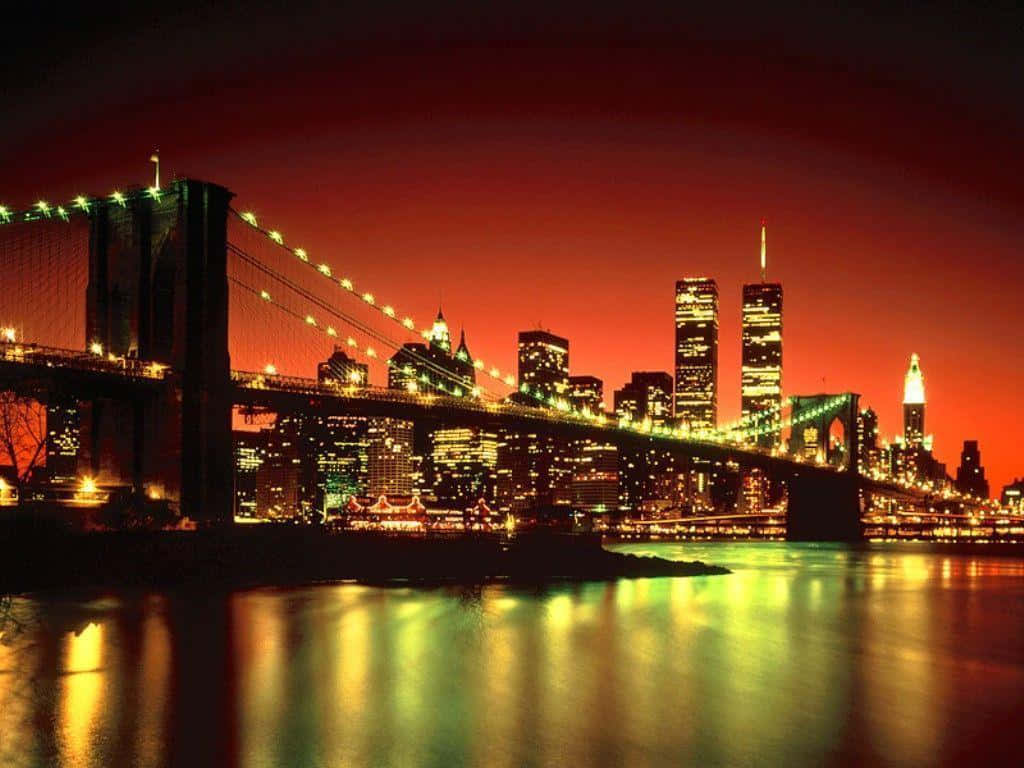 Brooklyn Bridge At Night With Lights On