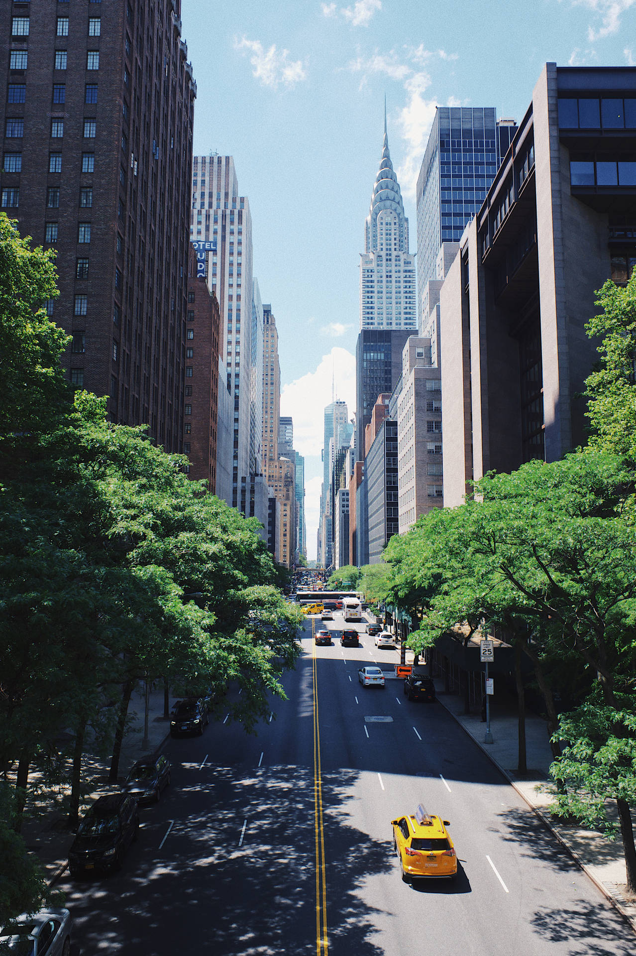 A City Street With Tall Buildings And Trees Wallpaper