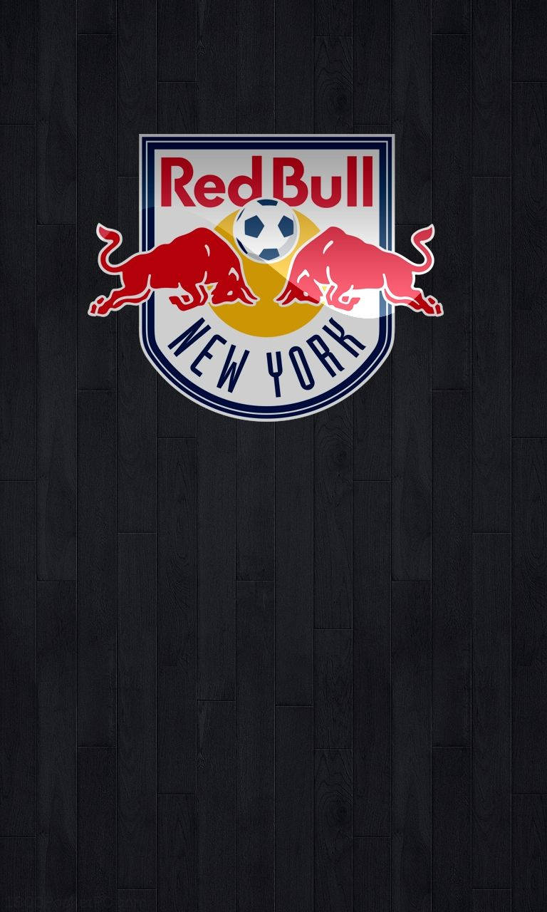 Passion and Pride - the New York Red Bulls Logo on a Dark Wooden Floor Wallpaper