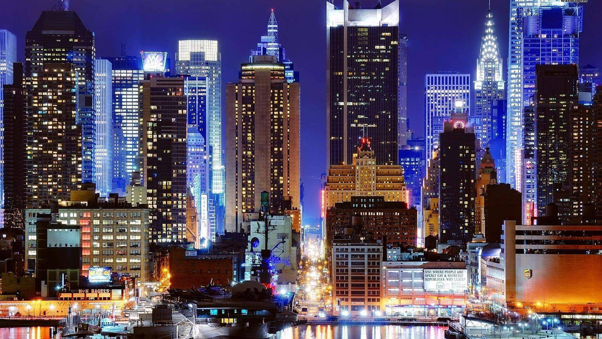 New York Skyline Glowing Blue Wallpaper