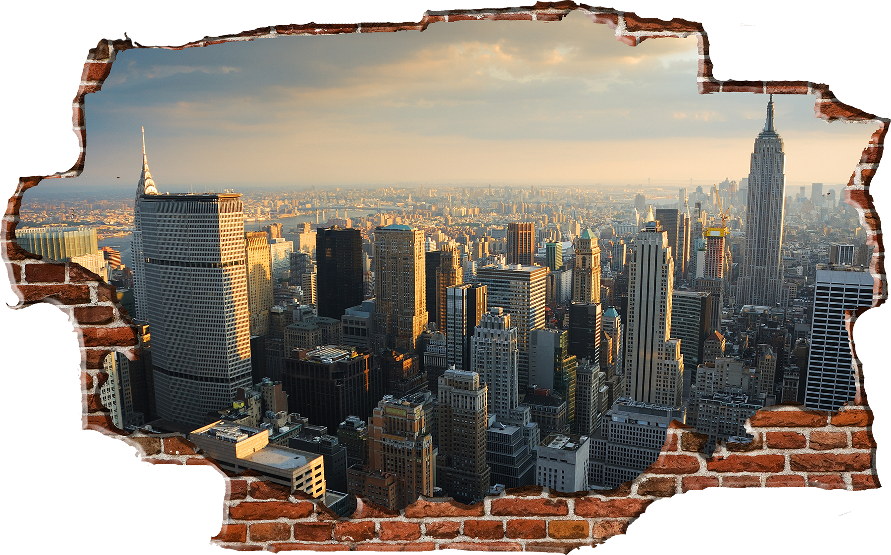 New_ York_ City_ Skyline_ View_ Through_ Brick_ Wall PNG