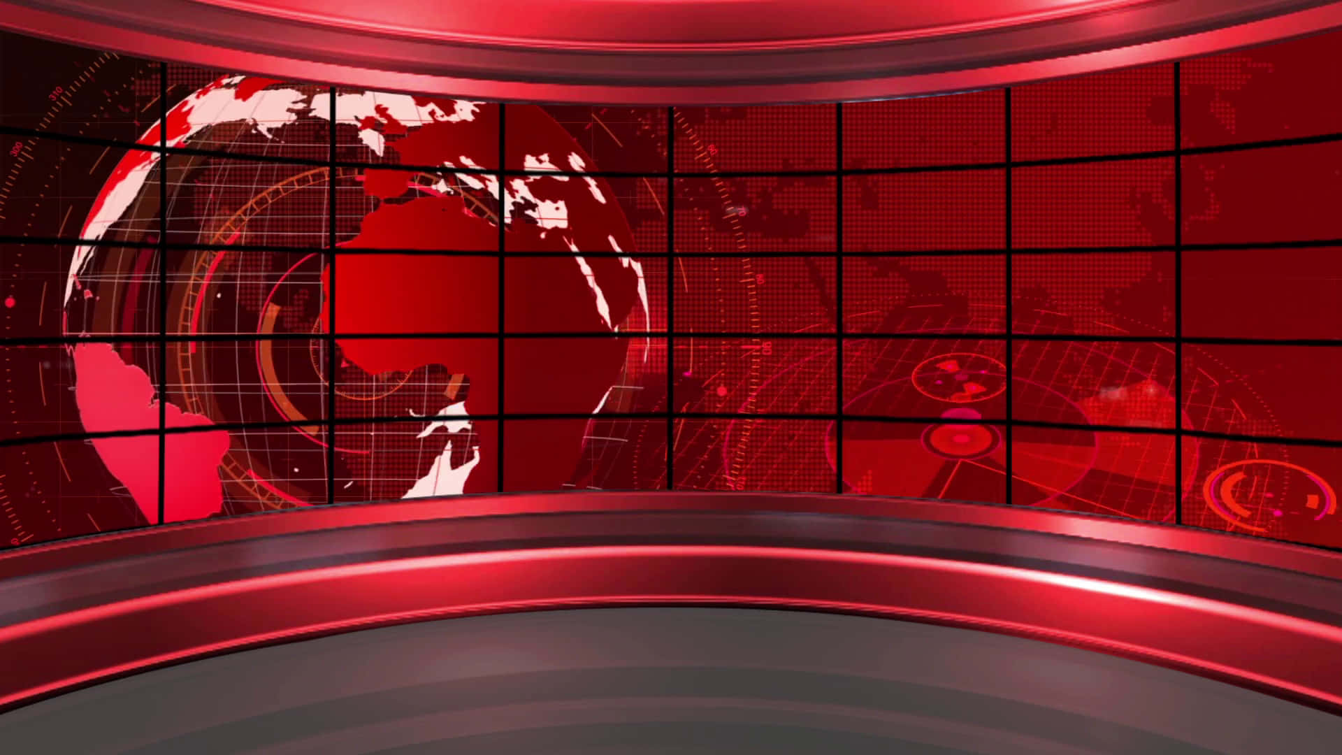 A Red Newsroom With A Large Screen