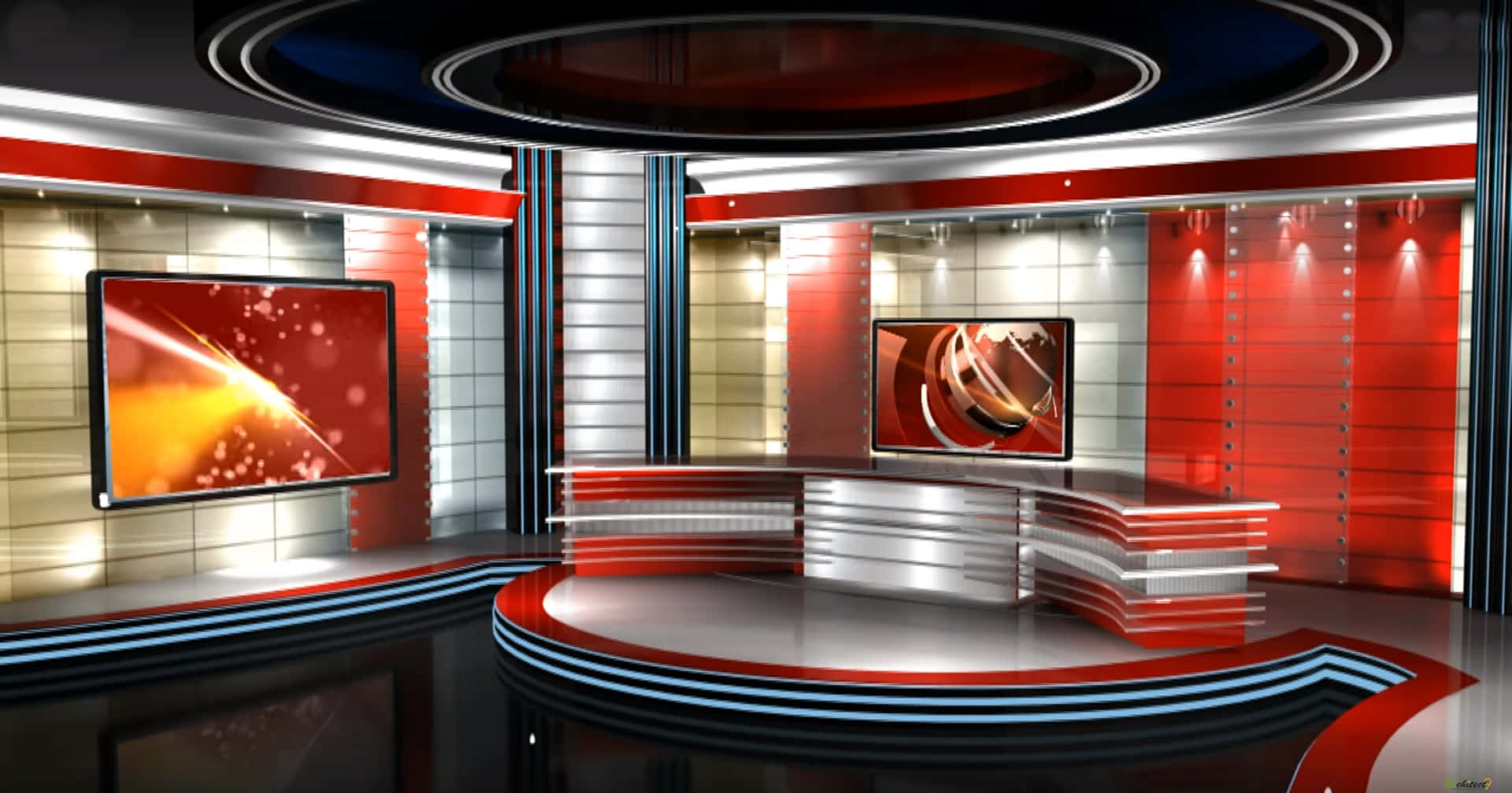 A Television Studio With Red And White Walls