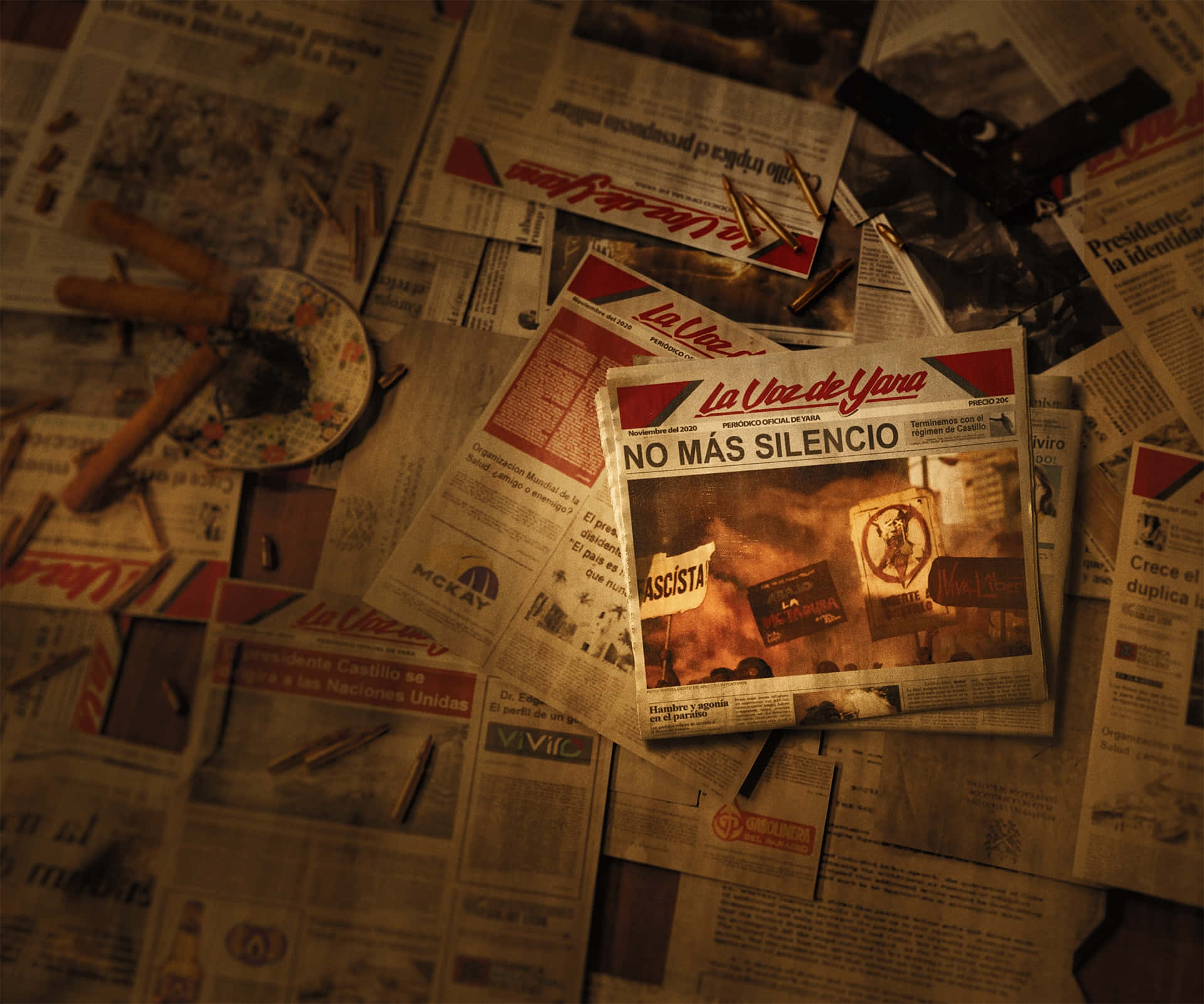 Newspapers And Gun In Vintage Filter Background