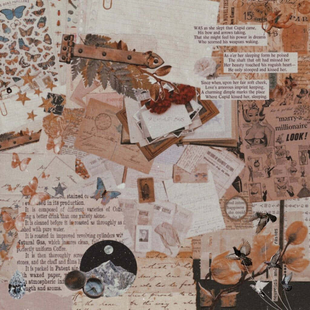 Newspaper Collage With Dried Leaves Background