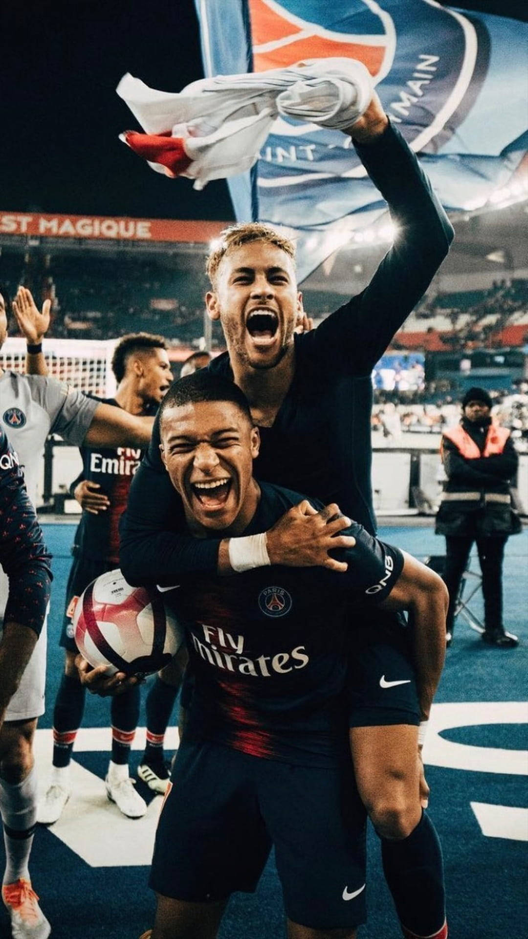 Neymaroch Mbappe Piggy Back. (this Can Be Used As A Caption For A Computer Or Mobile Wallpaper Featuring Neymar And Mbappe Piggy Backing Each Other.) Wallpaper