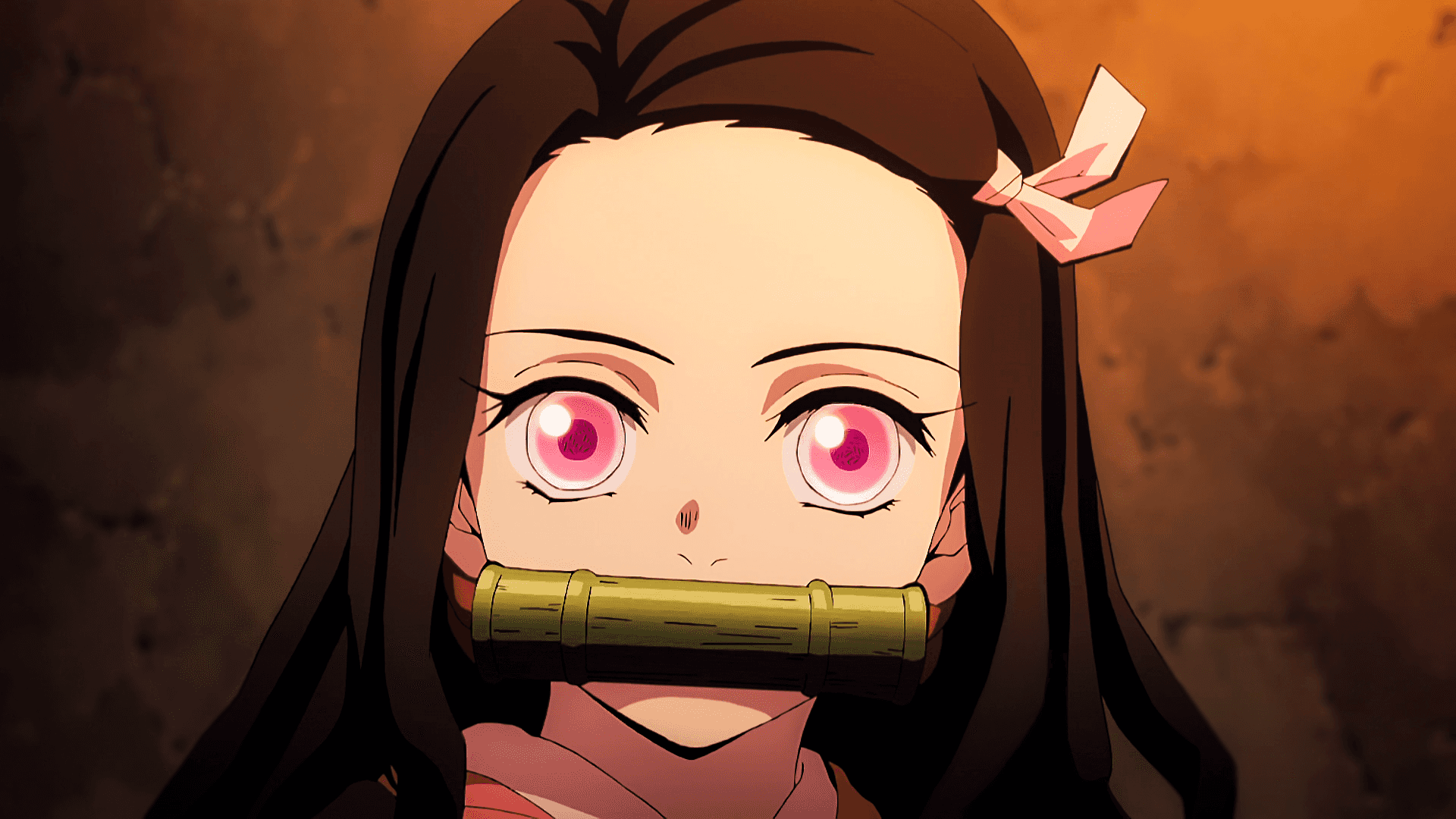 a girl with pink eyes is holding a bamboo stick