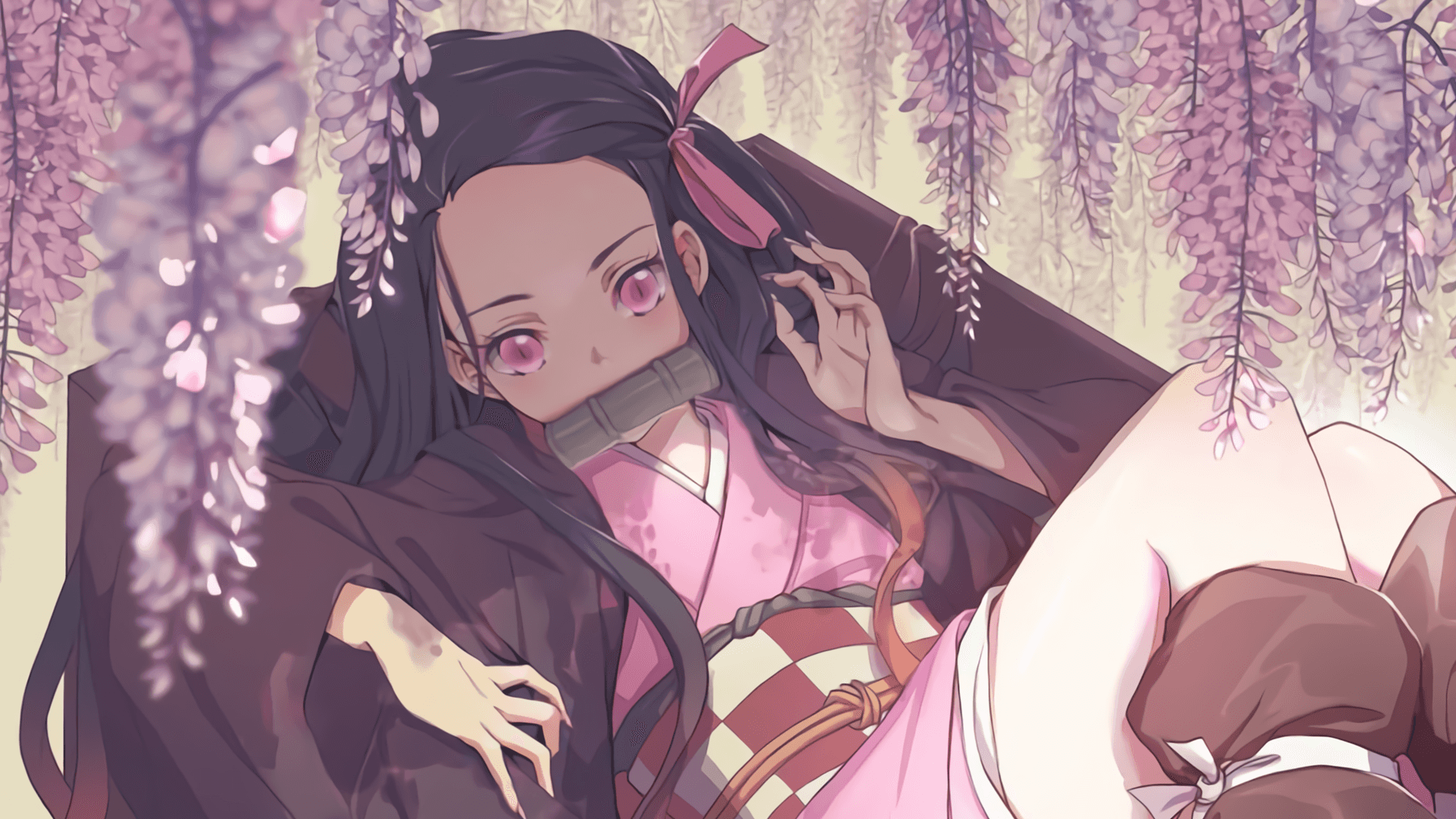 Nezuko Kamado empowerment and her will to fight Background — A bound anime girl in pink kimono rests beneath cascading purple wisteria flowers in a serene garden scene.