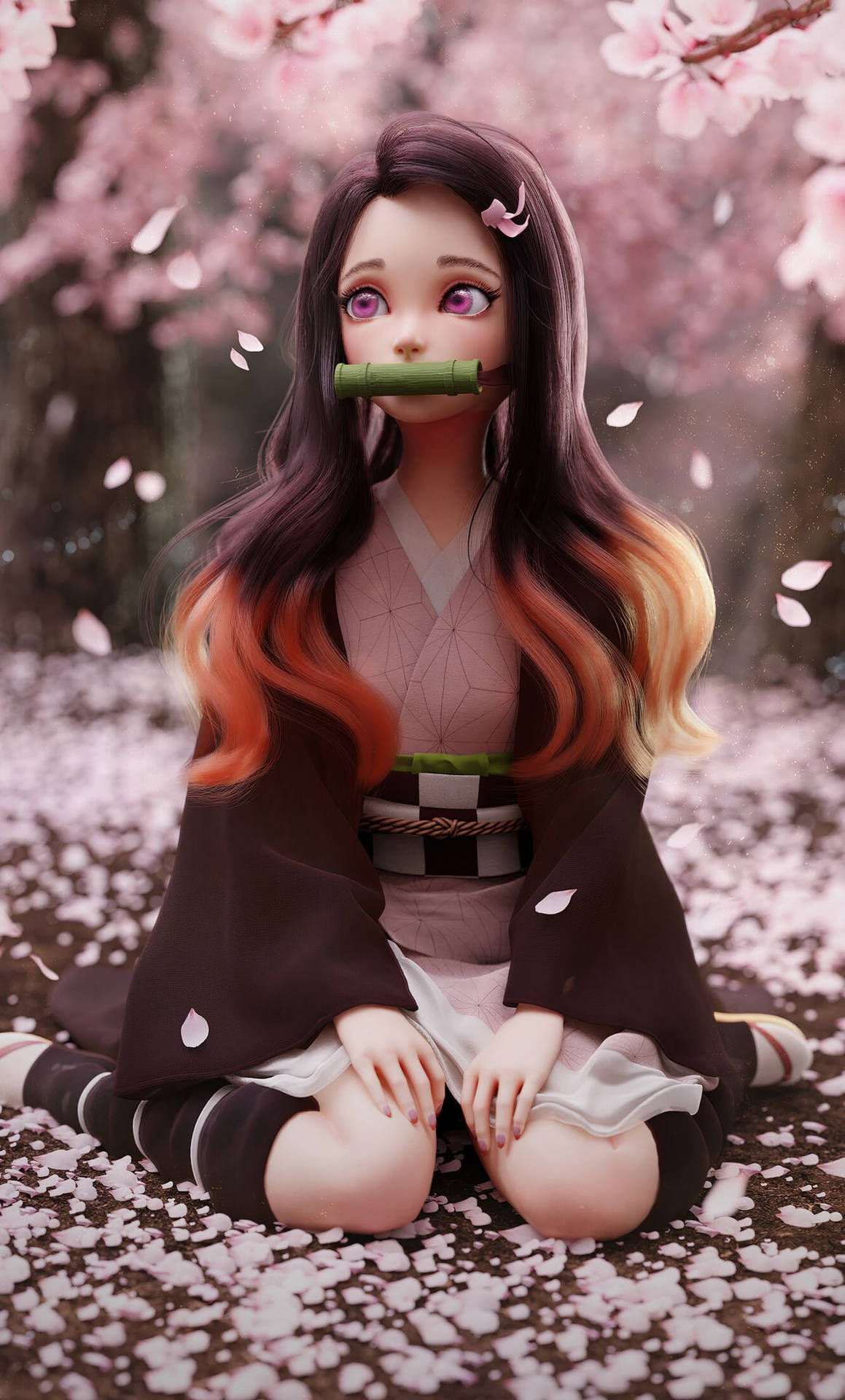 A Girl With Long Hair Sitting In A Field Of Cherry Blossoms Wallpaper