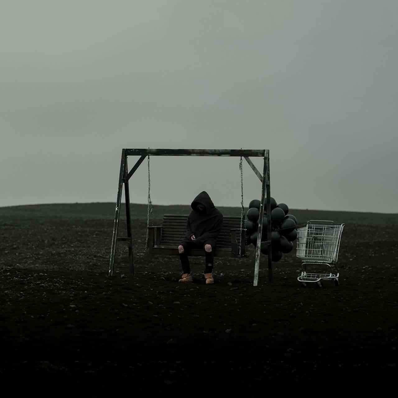 Unhombre Sentado En Un Columpio En Un Campo Con Globos. Fondo de pantalla