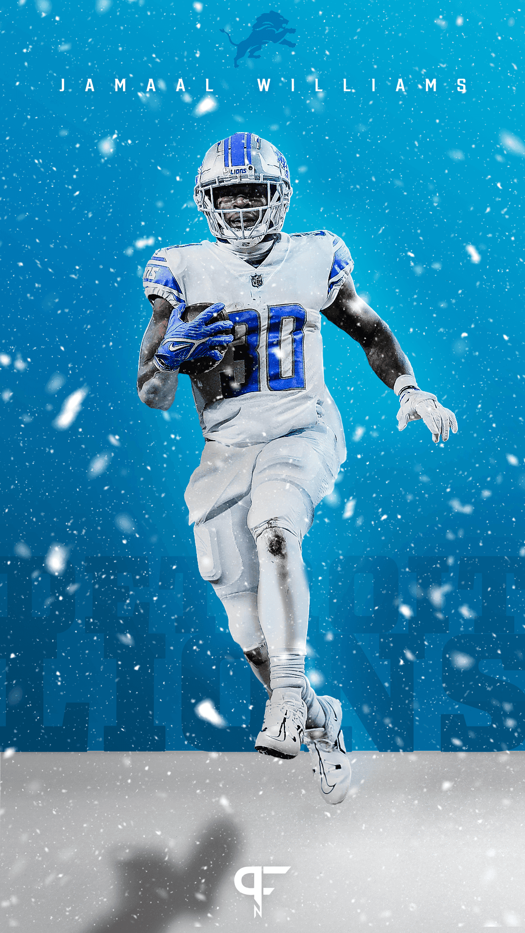 Esist Spielzeit! Hintergrundbild — Jamaal Williams in Detroit Lions-Ausrüstung sprintet durch fallenden Schnee vor einem lebendigen blauen Hintergrund.