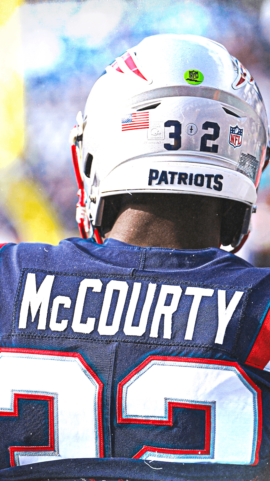 NFL - Where Friends and Family Come Together Background — Close-up of New England Patriots football player McCourty wearing helmet and jersey number 32 on a bright field.