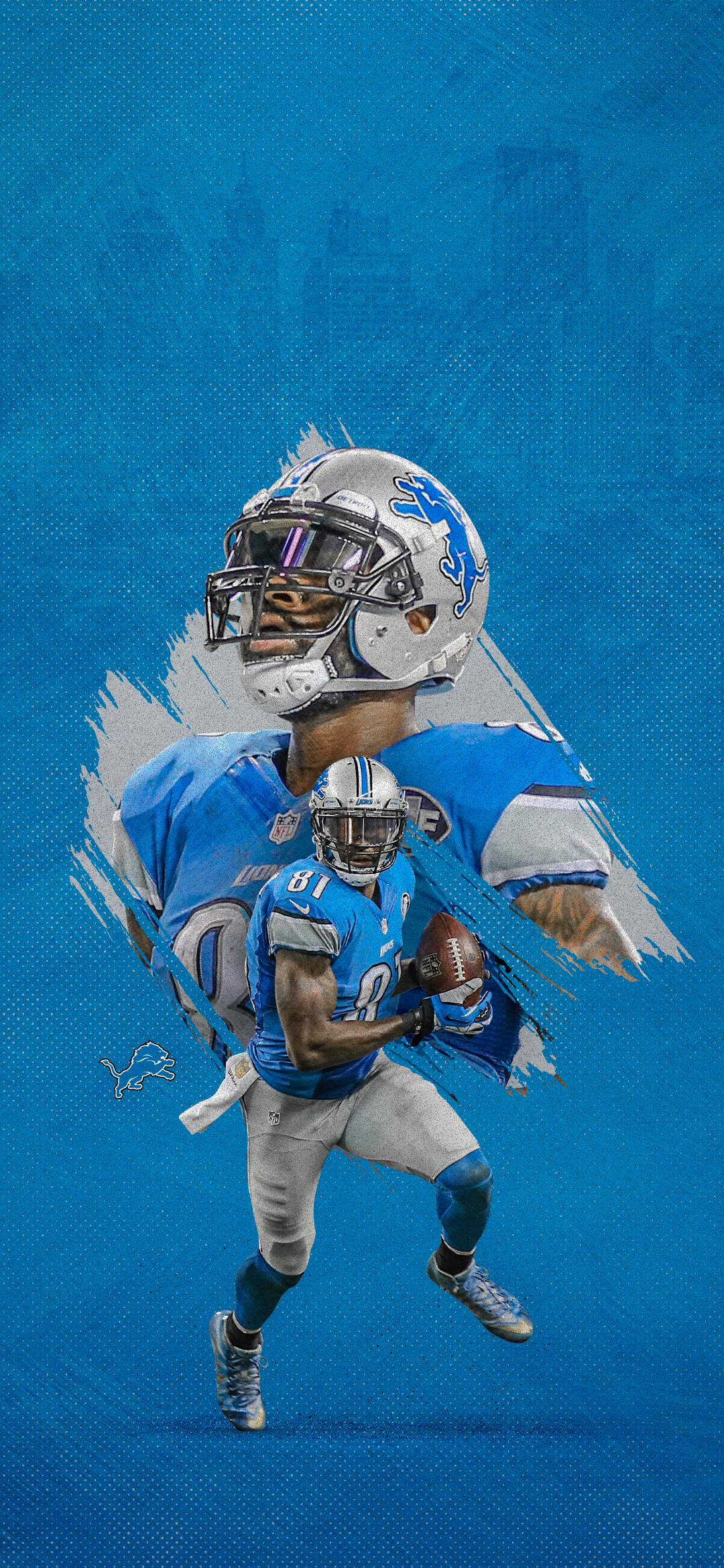 Making It to the Big Game - Gridiron Dreams Background — A dynamic Detroit Lions football player in blue uniform sprints forward with the ball against a textured blue background.