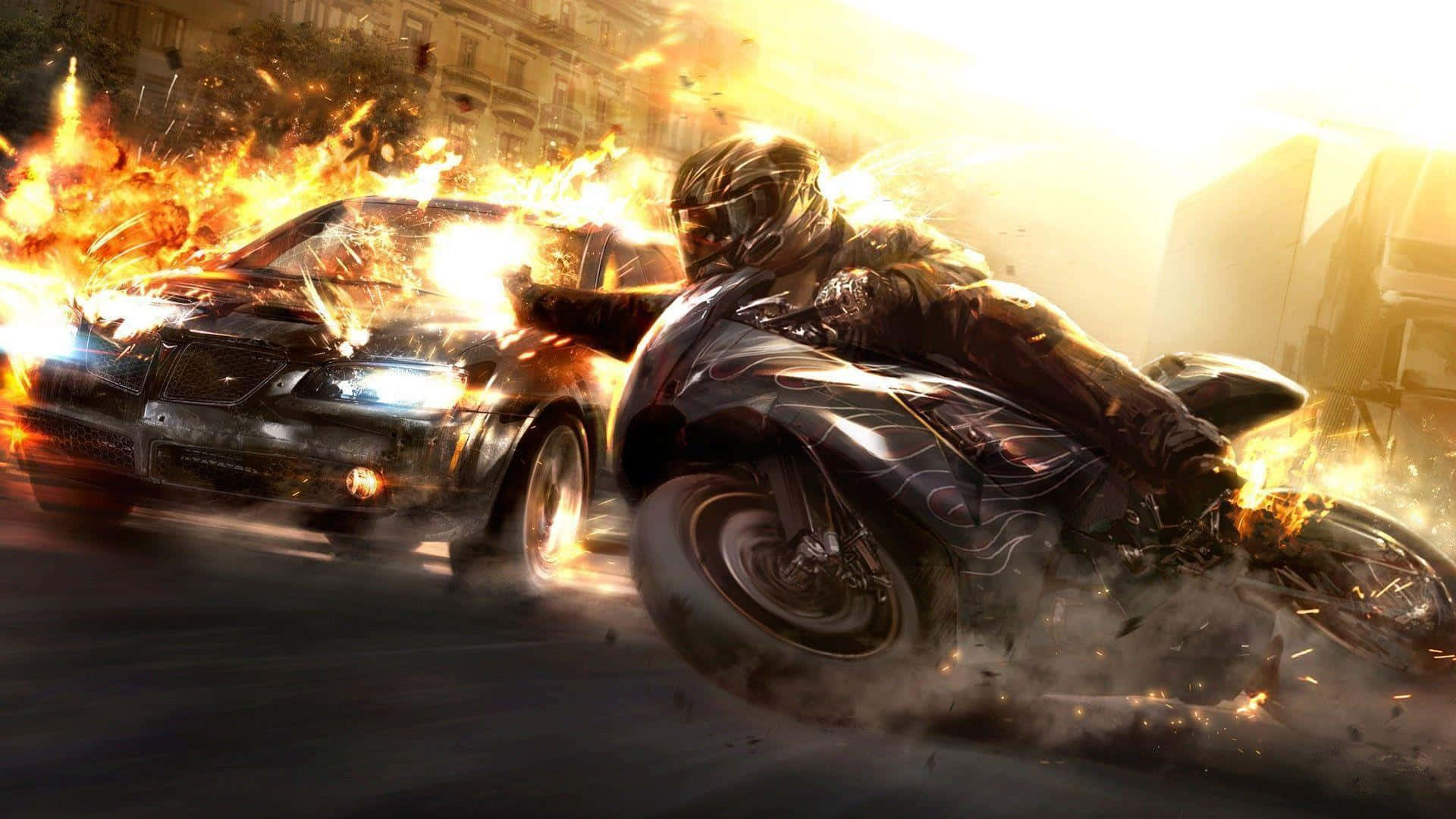 En motorcykel er i brand Wallpaper