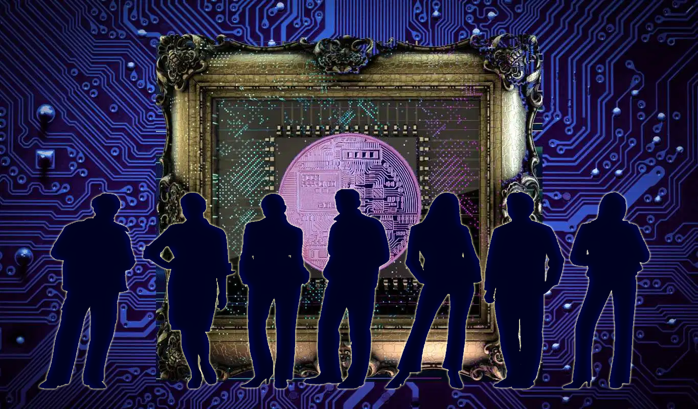 "The rise of NFT disrupts the existing digital asset industry" Background — Silhouetted figures stand before a ornate frame displaying a glowing Bitcoin chip against a blue circuit board background.