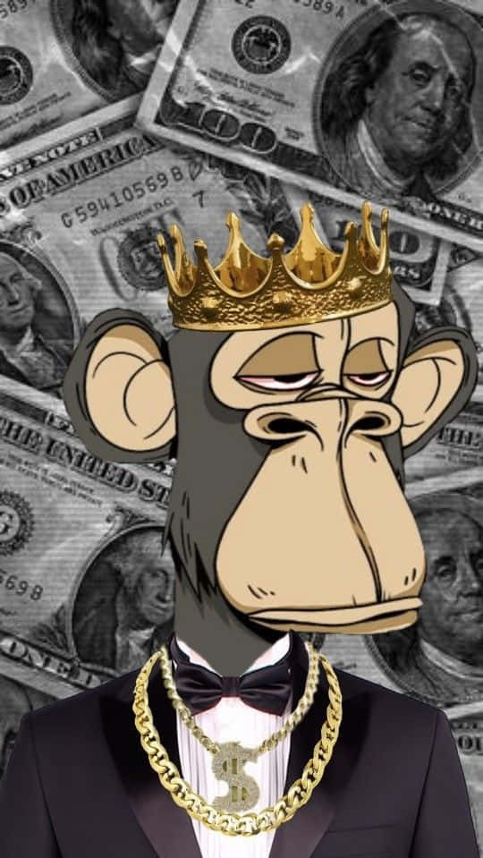 En abe iført en krone og penge der flyver omkring ham Wallpaper