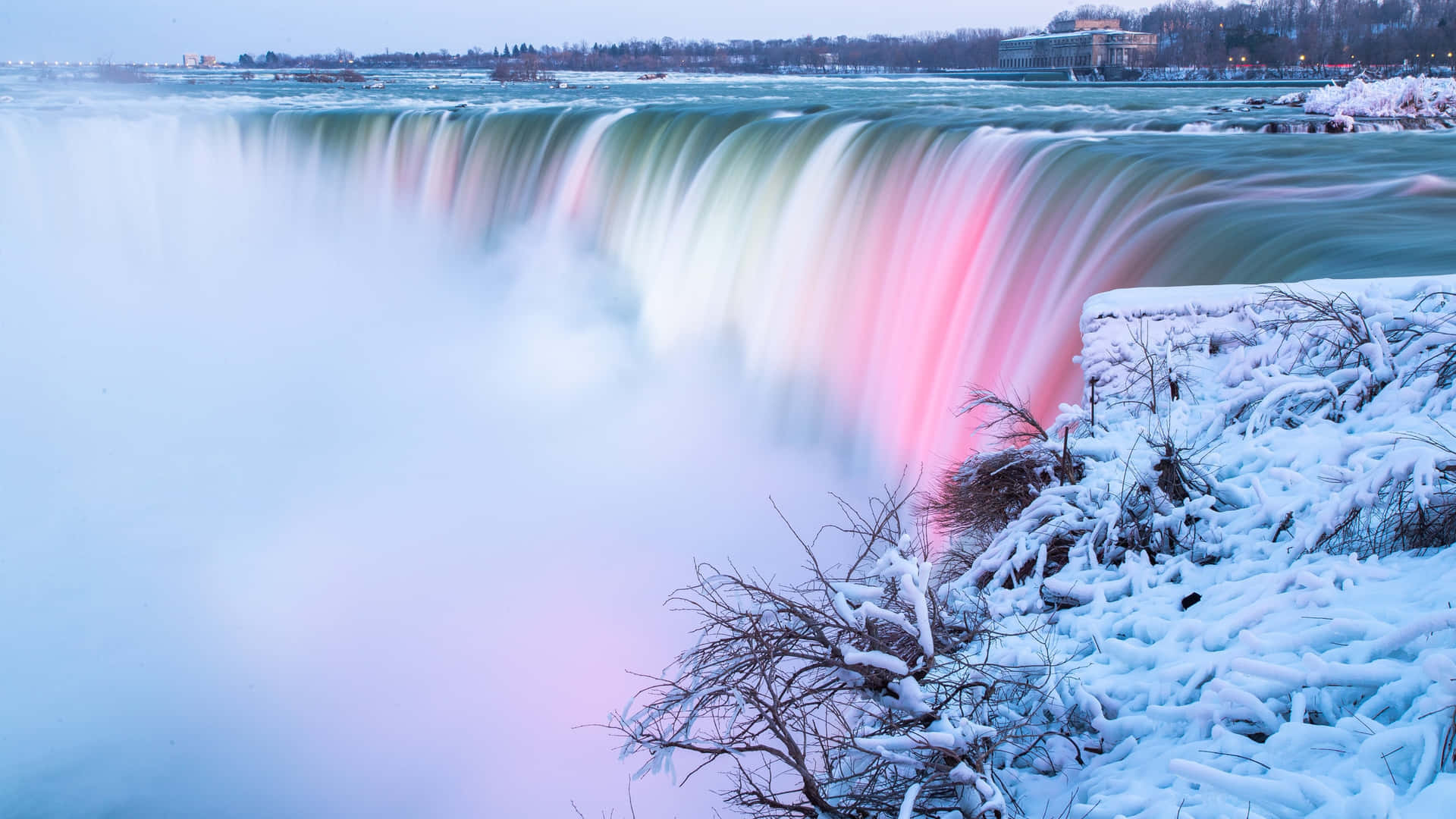 Niagara Falls In Winter With Snow And Rainbows