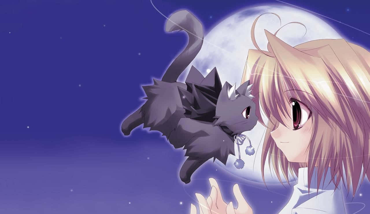 Bellaragazza Di Anime Con Un Gatto Volante. Sfondo