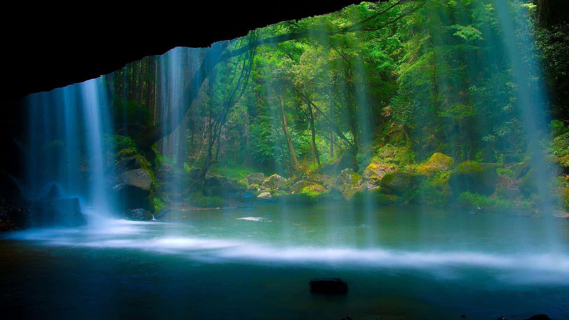 Einwasserfall In Einer Höhle Mit Viel Grün.