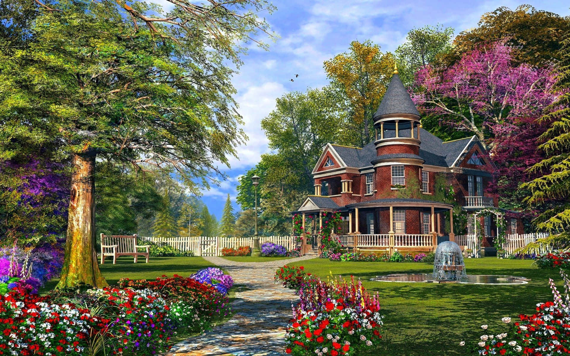 A Painting Of A House In The Garden